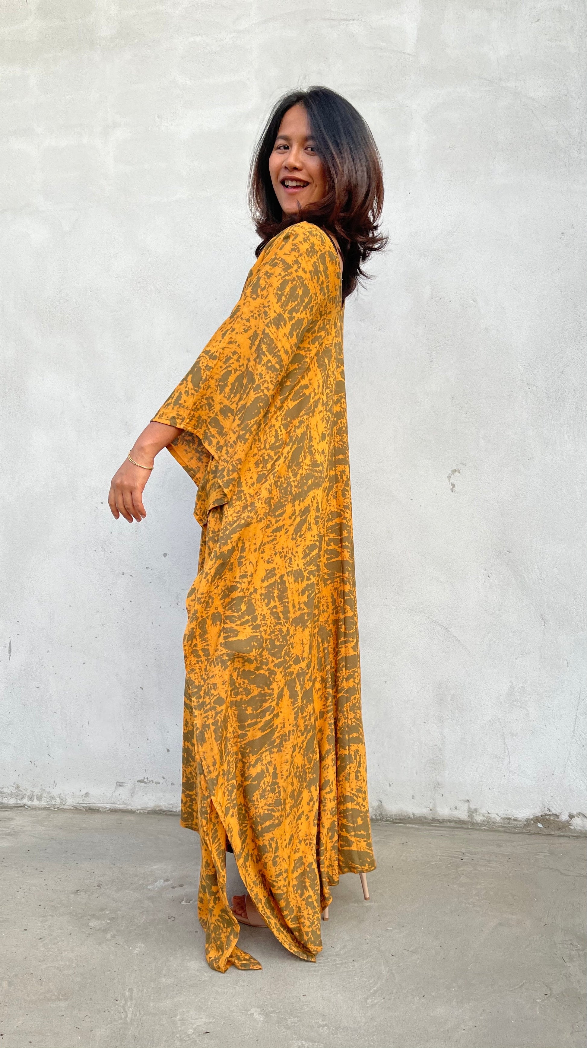 MALA handworks Luna Kaftan in Olive Green and Pattern Silkscreen