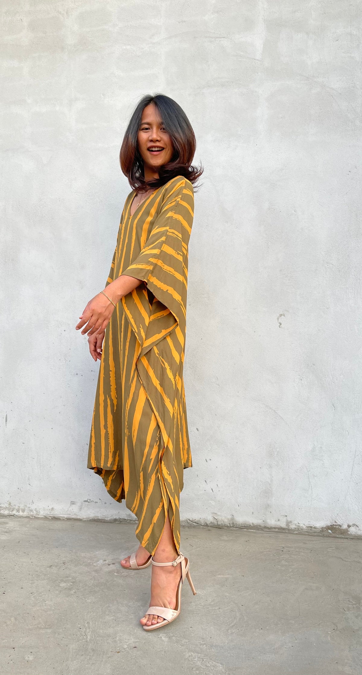 MALA handworks Luna Kaftan in Olive Green and Pattern Silkscreen