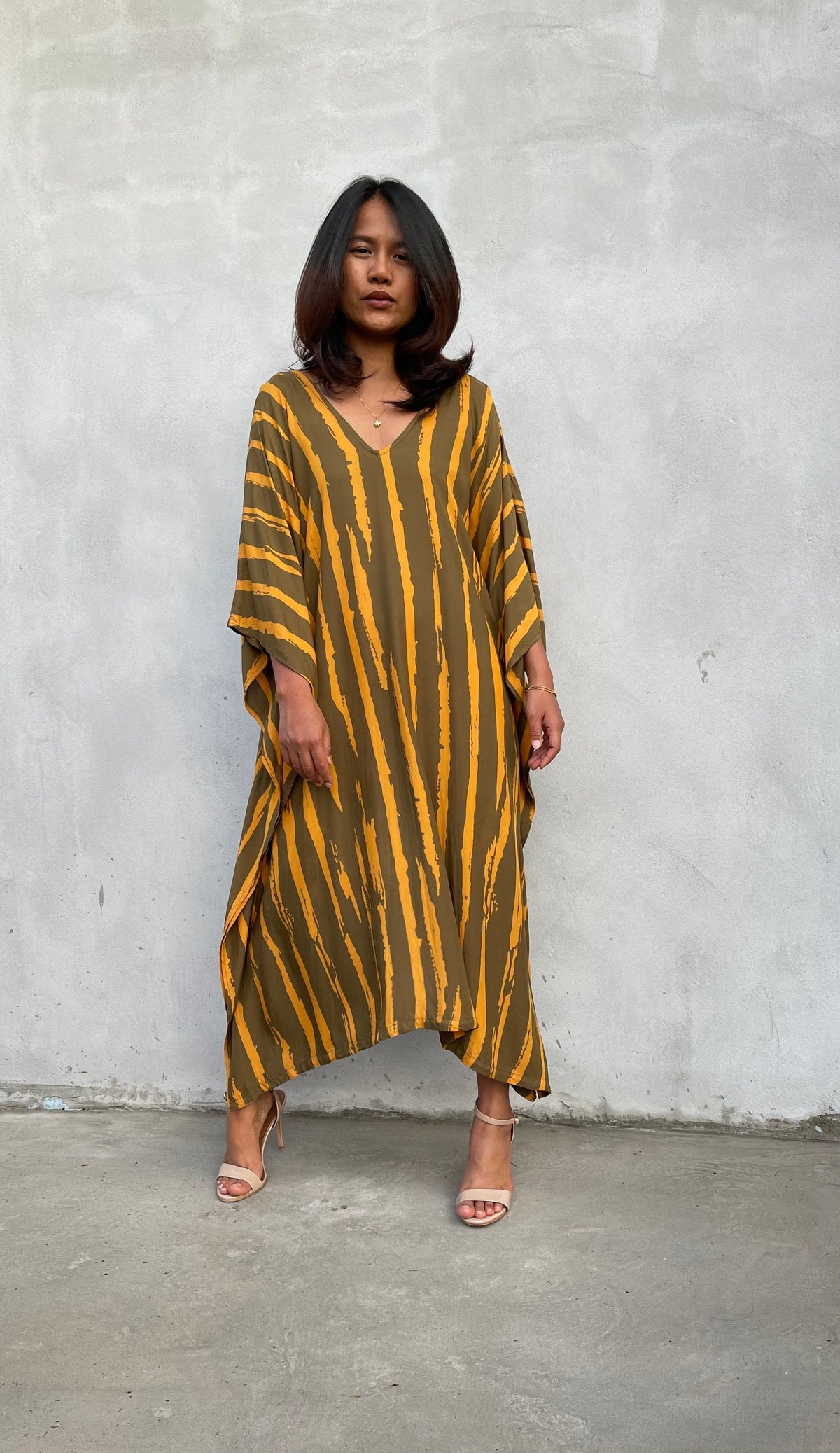 MALA handworks Luna Kaftan in Olive Green and Pattern Silkscreen
