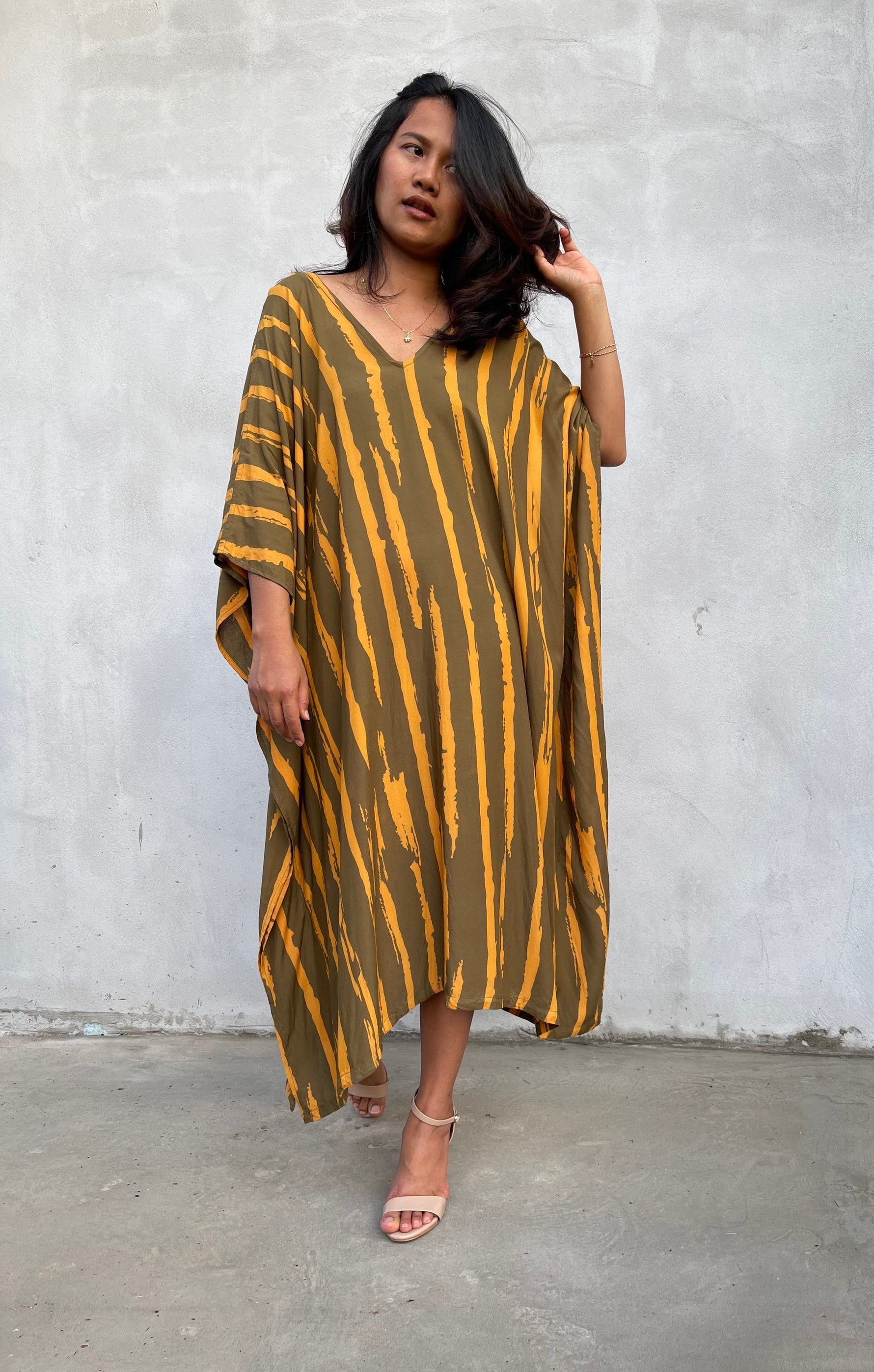 MALA handworks Luna Kaftan in Olive Green and Pattern Silkscreen