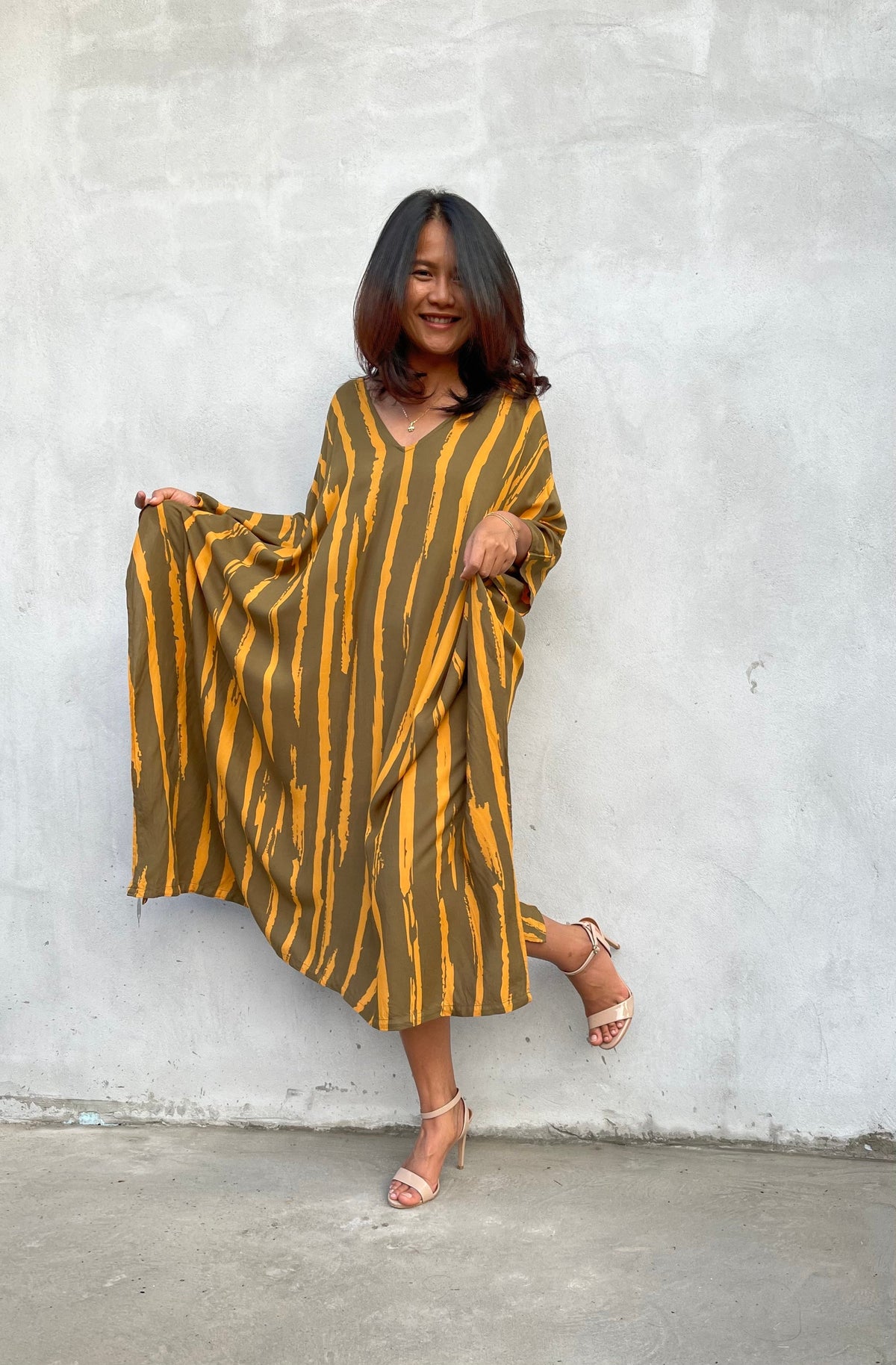 MALA handworks Luna Kaftan in Olive Green and Pattern Silkscreen