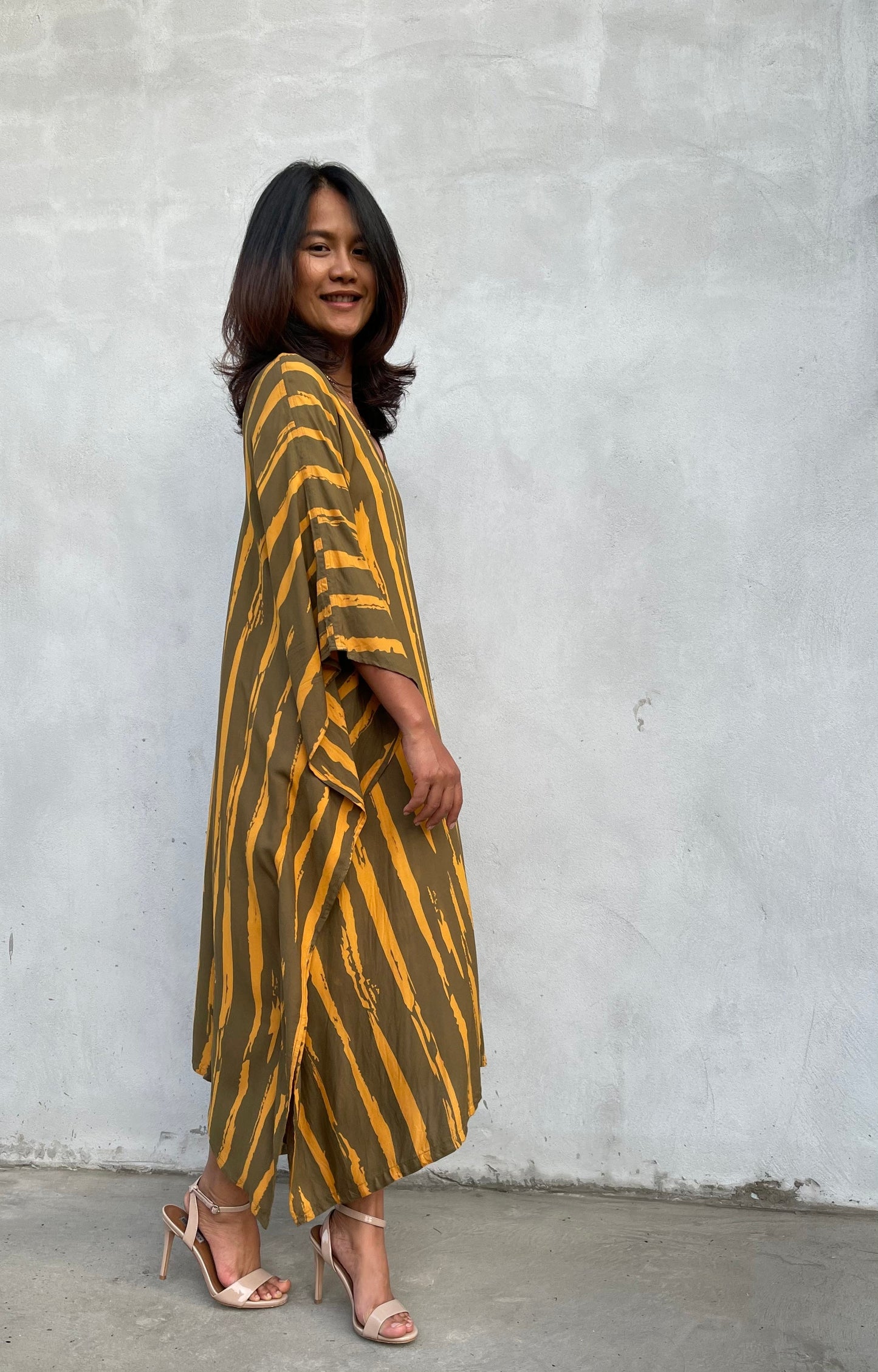 MALA handworks Luna Kaftan in Olive Green and Pattern Silkscreen