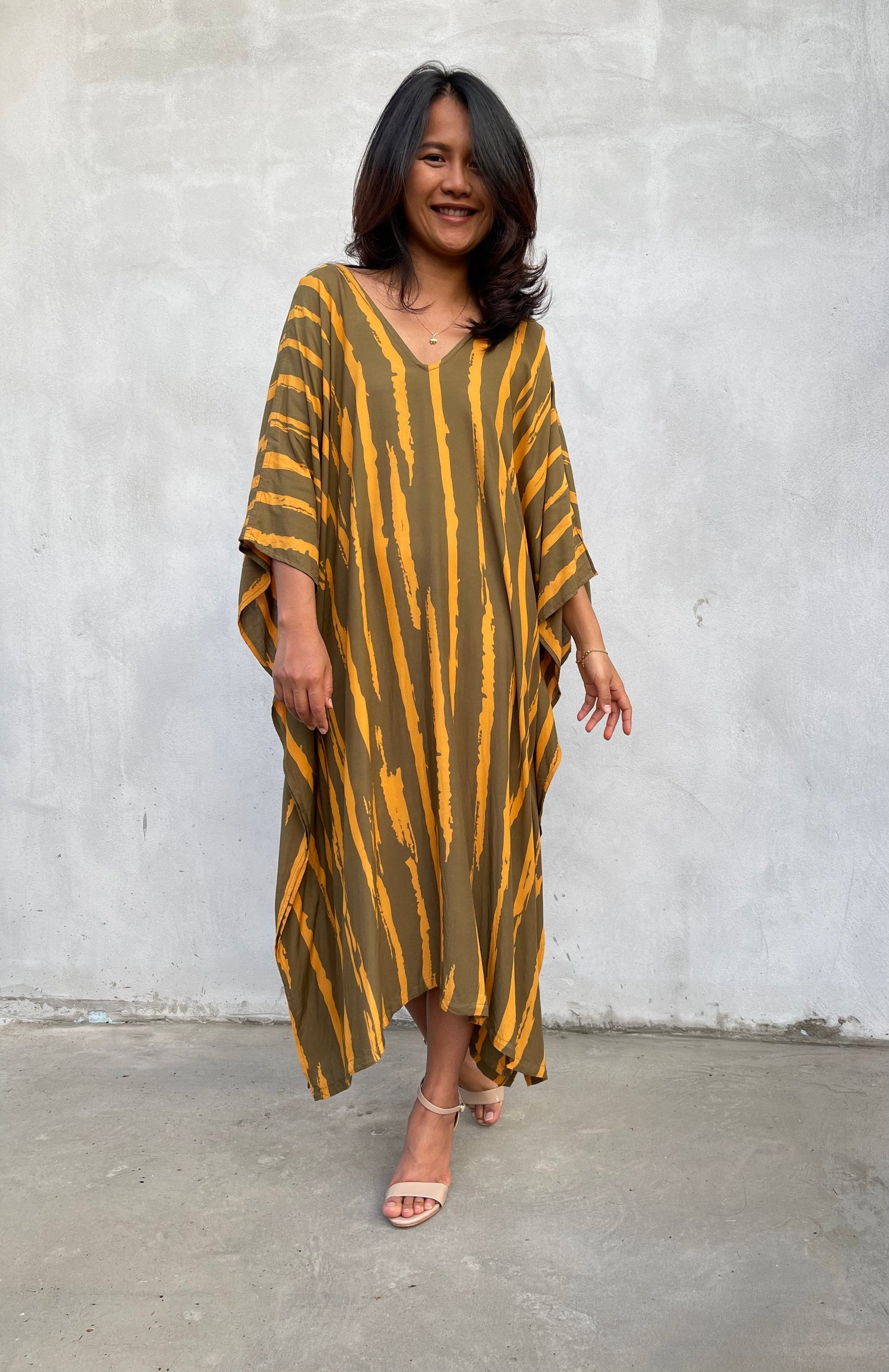 MALA handworks Luna Kaftan in Olive Green and Pattern Silkscreen