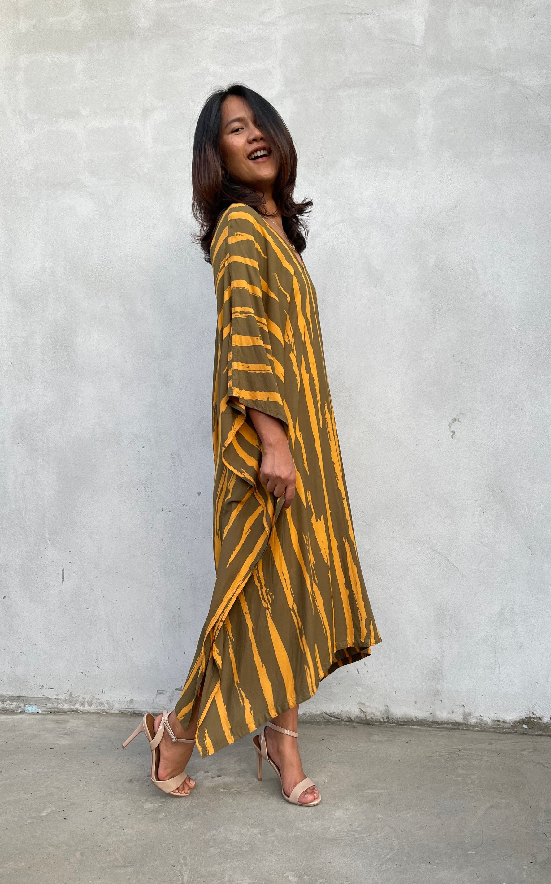 MALA handworks Luna Kaftan in Olive Green and Pattern Silkscreen