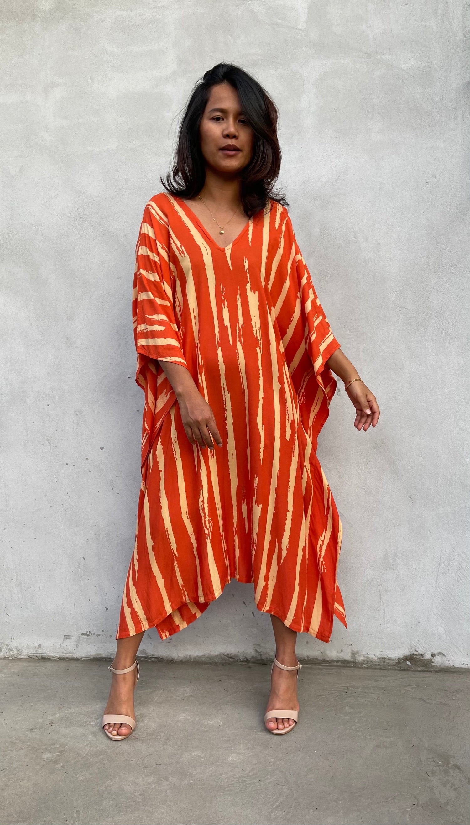 MALA handworks Luna Kaftan in Orange and Yellow Pattern Silkscreen