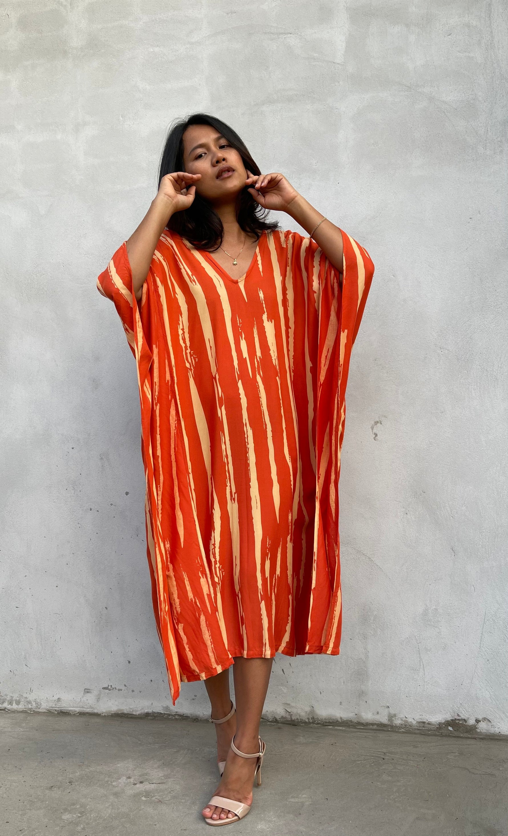 MALA handworks Luna Kaftan in Orange and Yellow Pattern Silkscreen