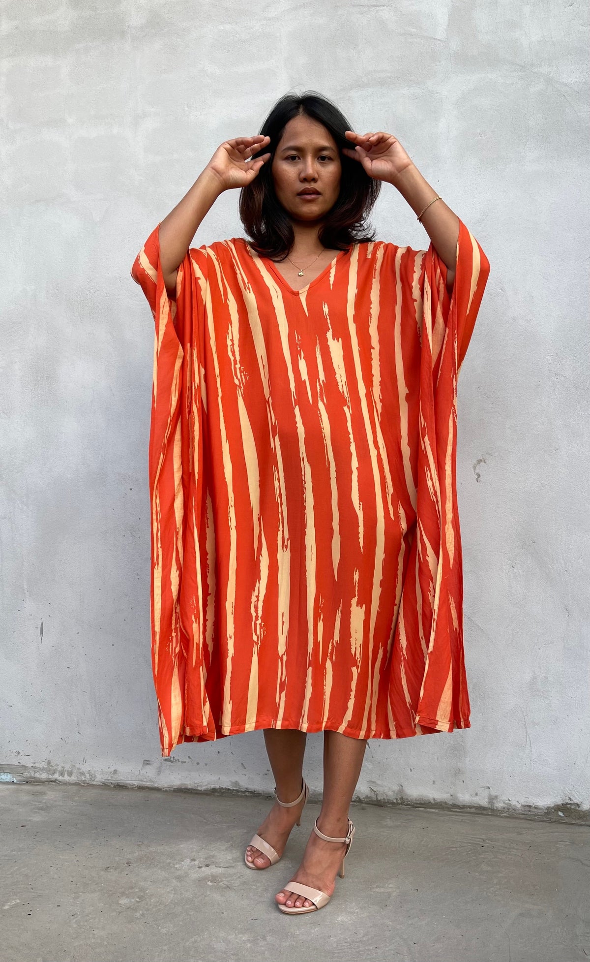 MALA handworks Luna Kaftan in Orange and Yellow Pattern Silkscreen