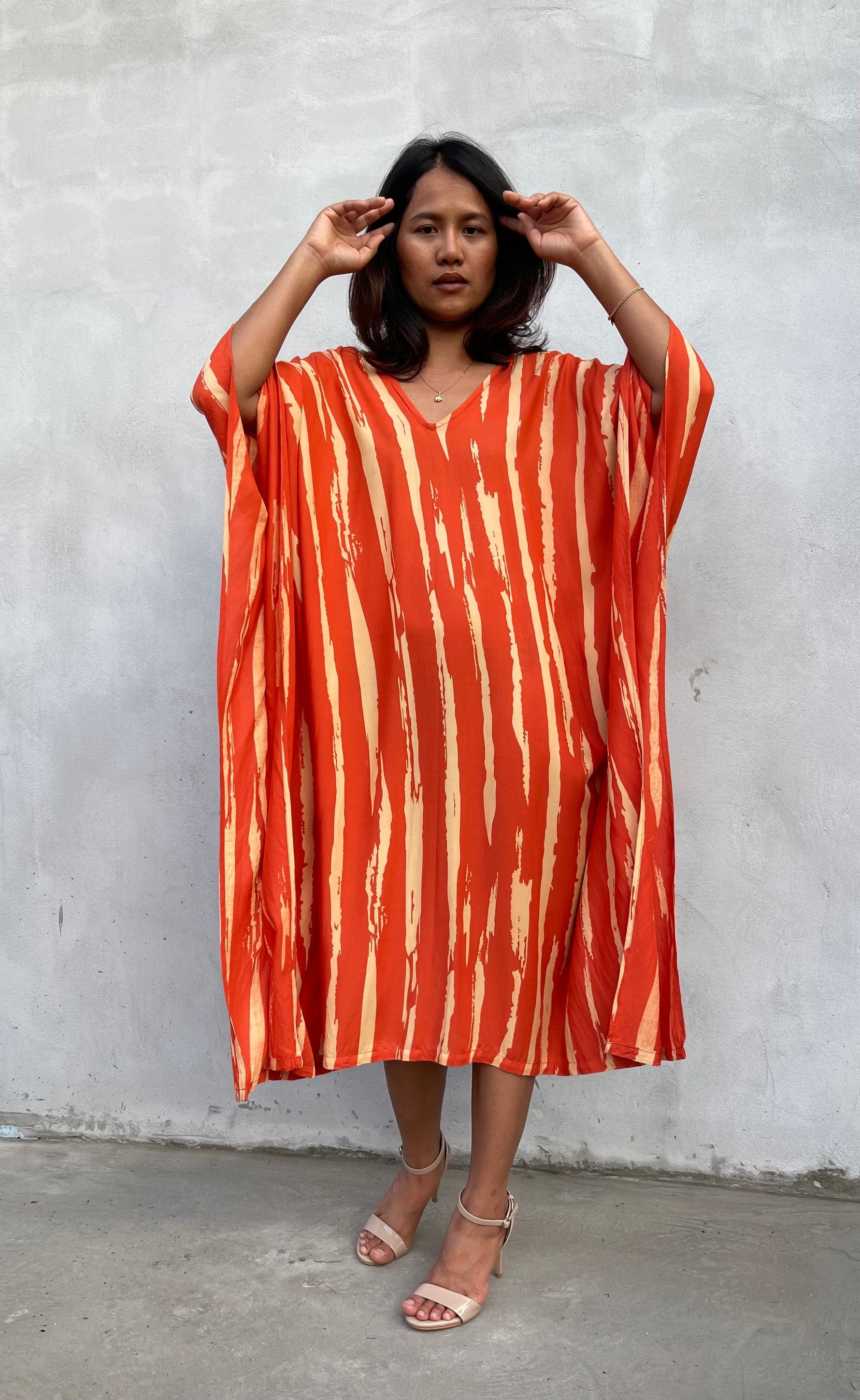 MALA handworks Luna Kaftan in Orange and Yellow Pattern Silkscreen
