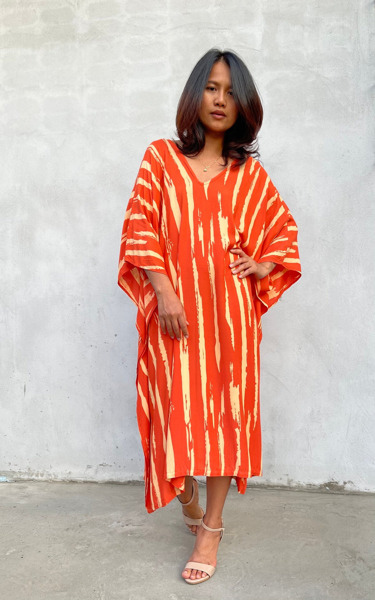 MALA handworks Luna Kaftan in Orange and Yellow Pattern Silkscreen