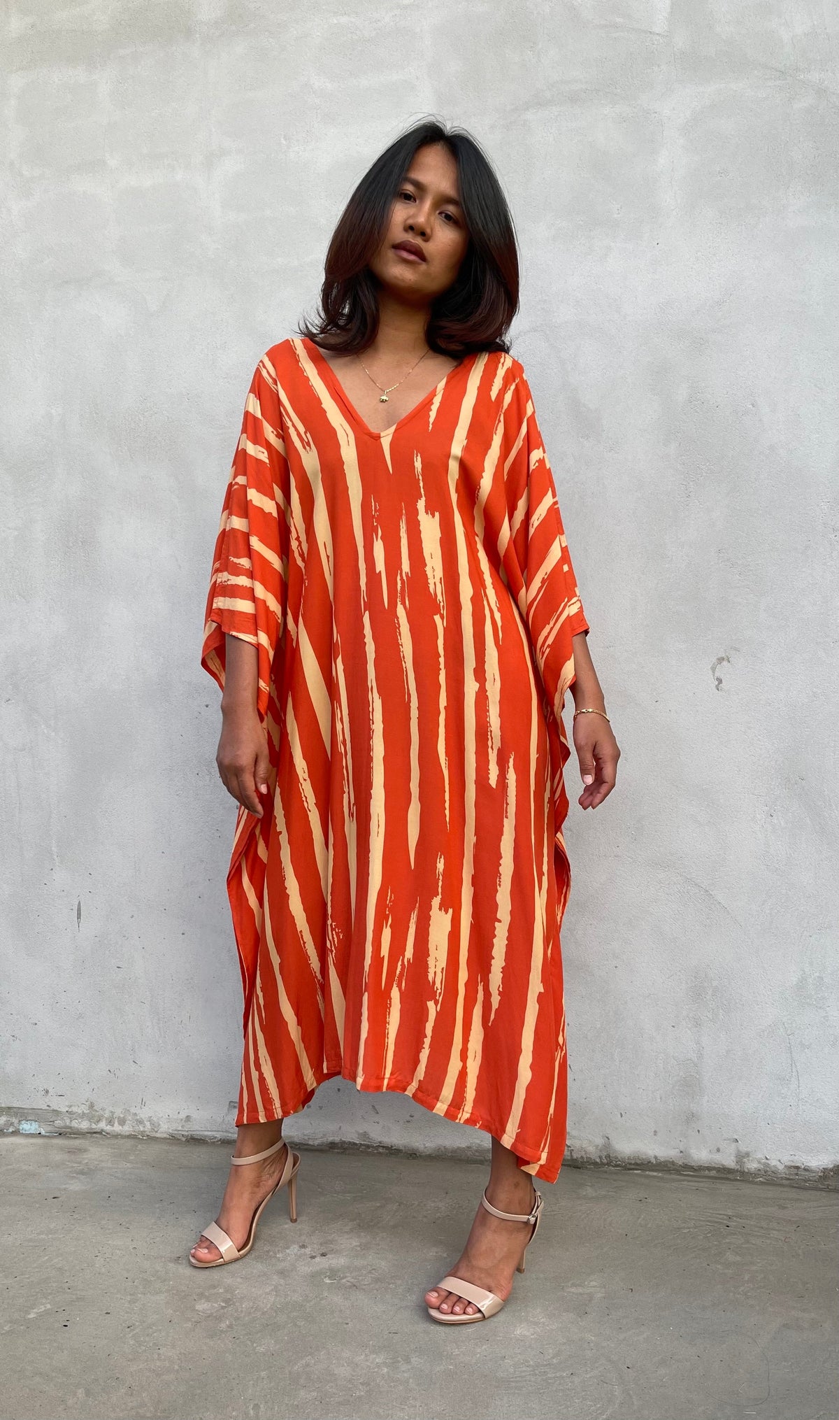 MALA handworks Luna Kaftan in Orange and Yellow Pattern Silkscreen