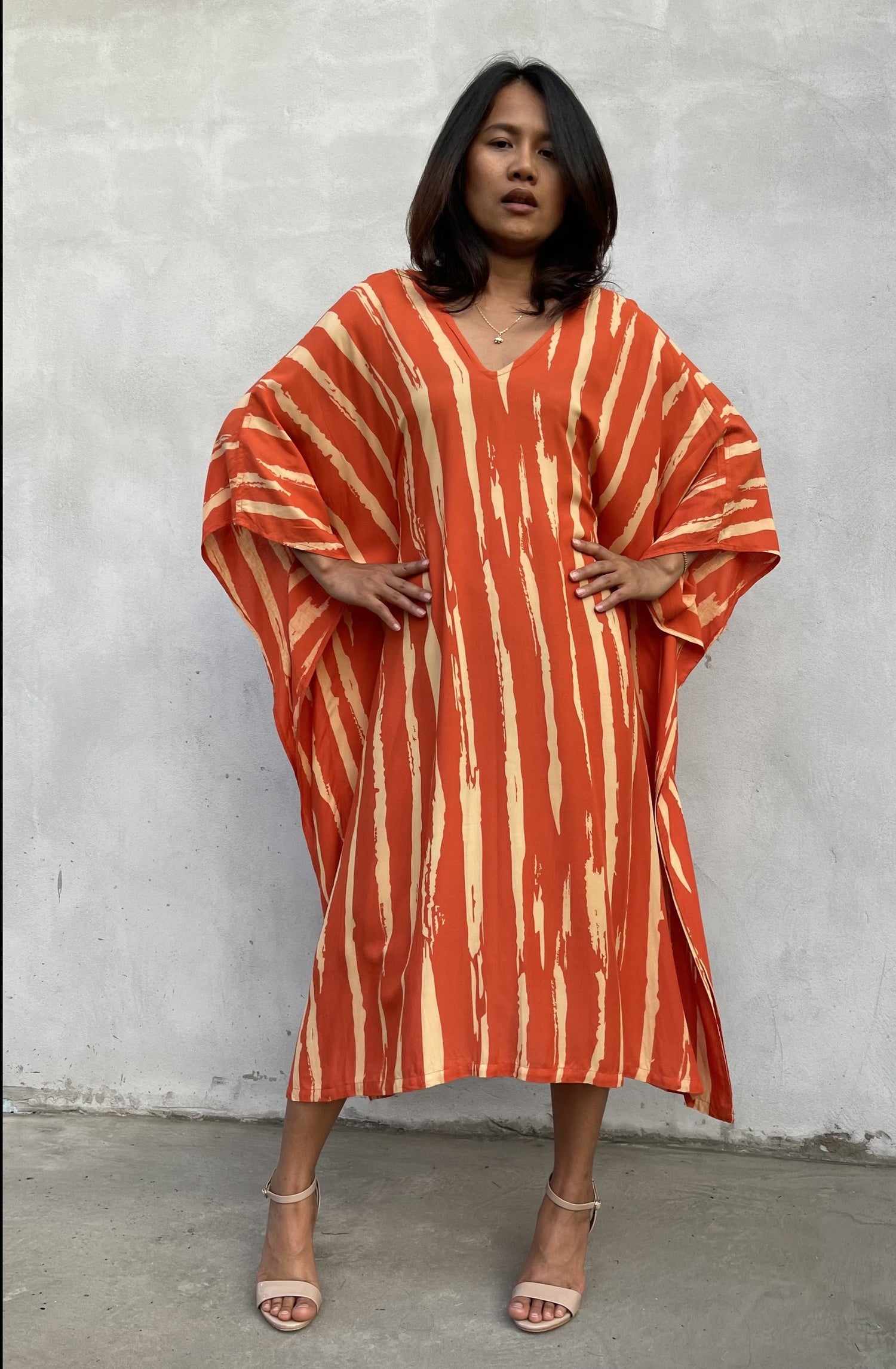 MALA handworks Luna Kaftan in Orange and Yellow Pattern Silkscreen