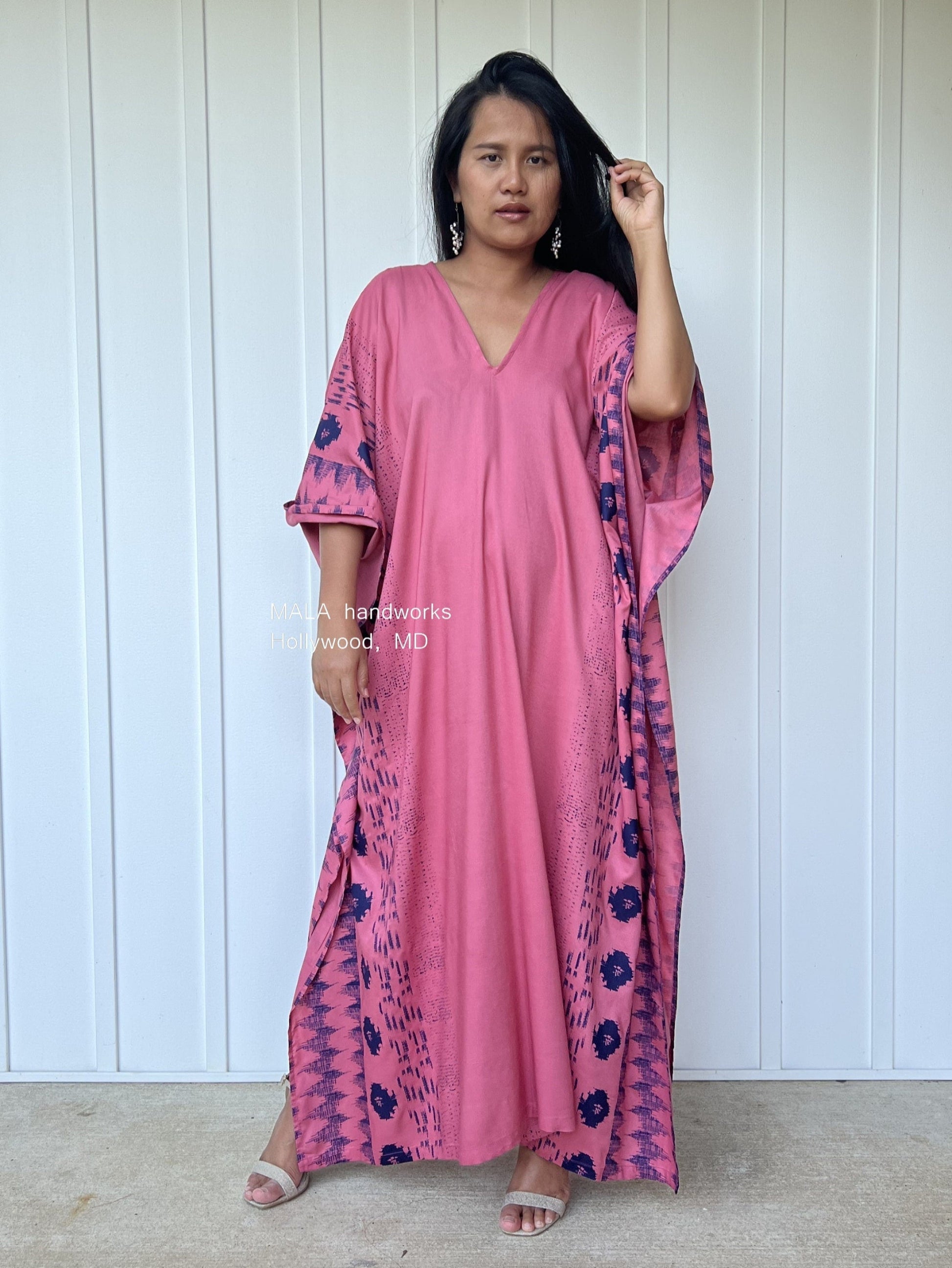 MALA handworks  Luna Kaftan in Pink and Pattern Silkscreen