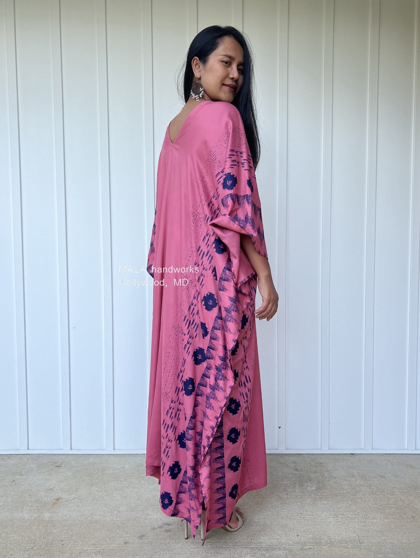 MALA handworks  Luna Kaftan in Pink and Pattern Silkscreen