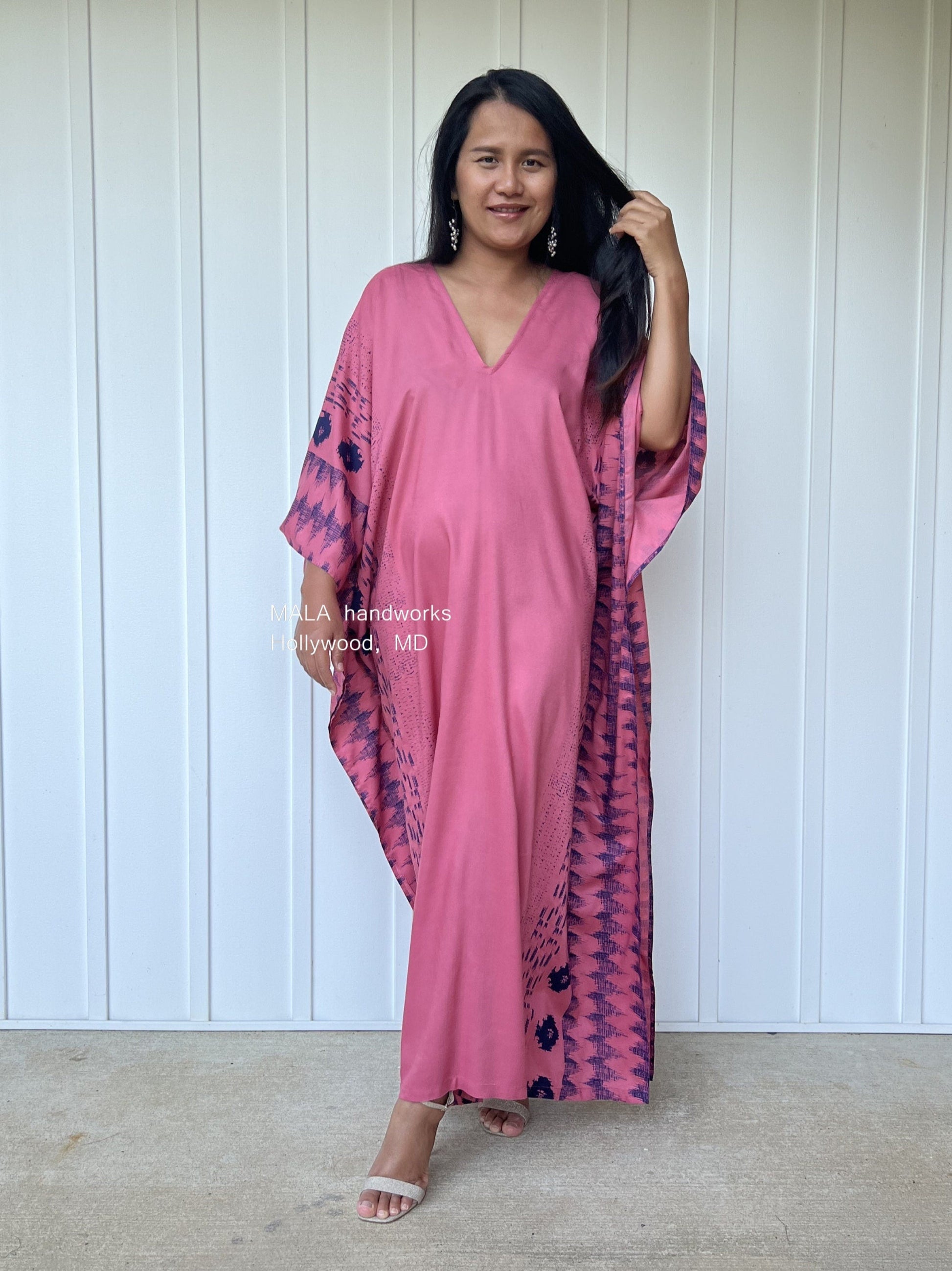 MALA handworks  Luna Kaftan in Pink and Pattern Silkscreen