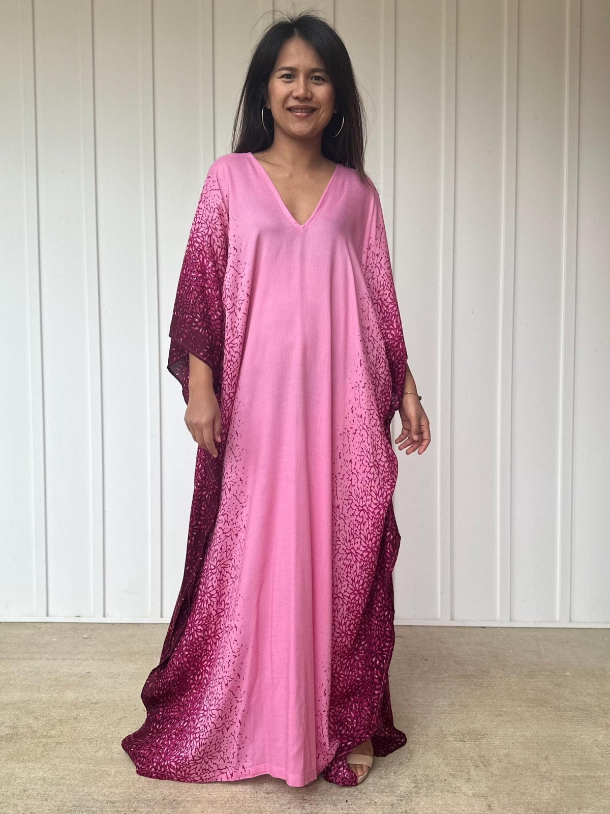 Luna Kaftan in Pink Floral Hand Screened Pattern-A-133-Mala Handworks