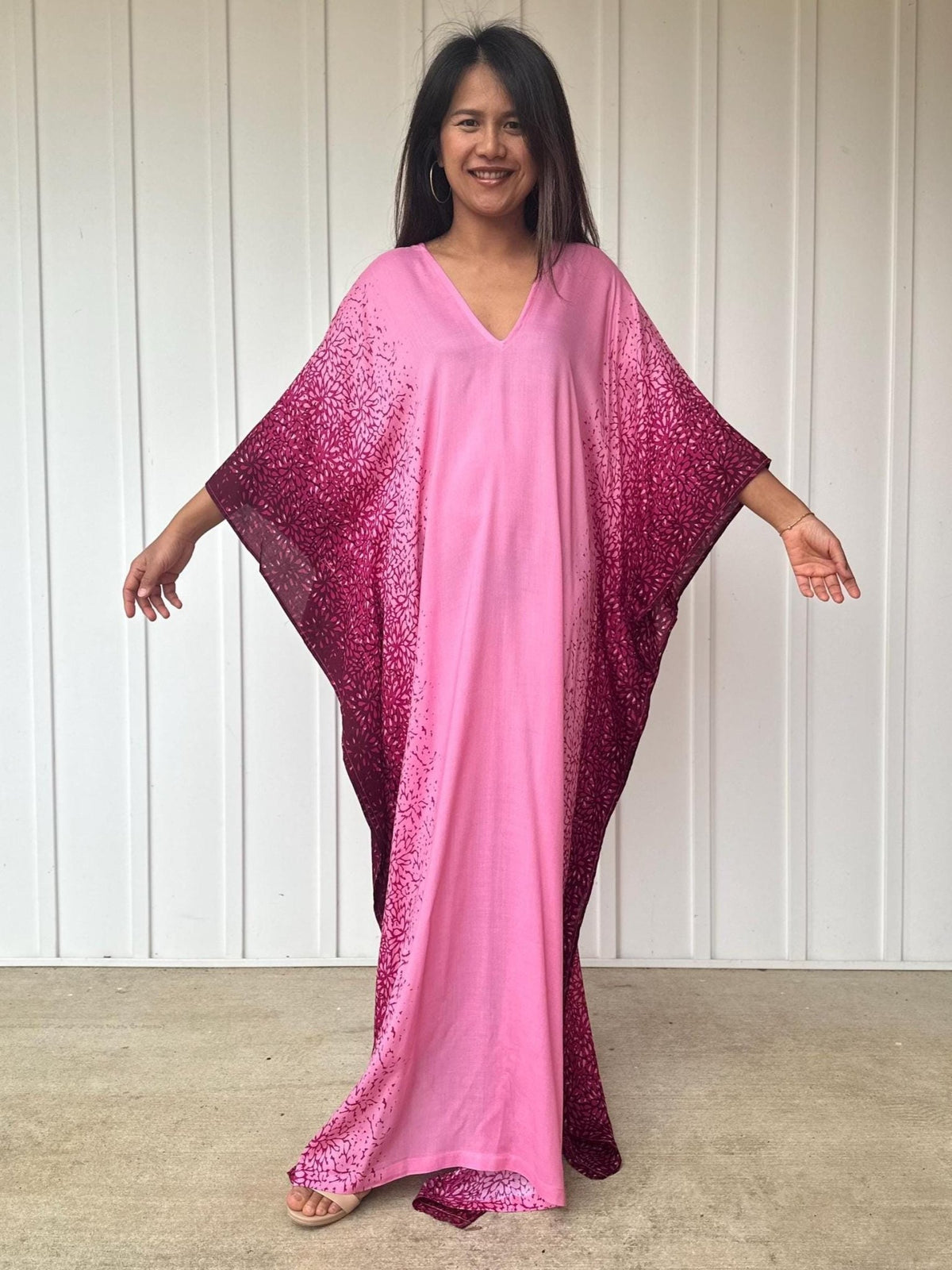 Luna Kaftan in Pink Floral Hand Screened Pattern-A-133-Mala Handworks