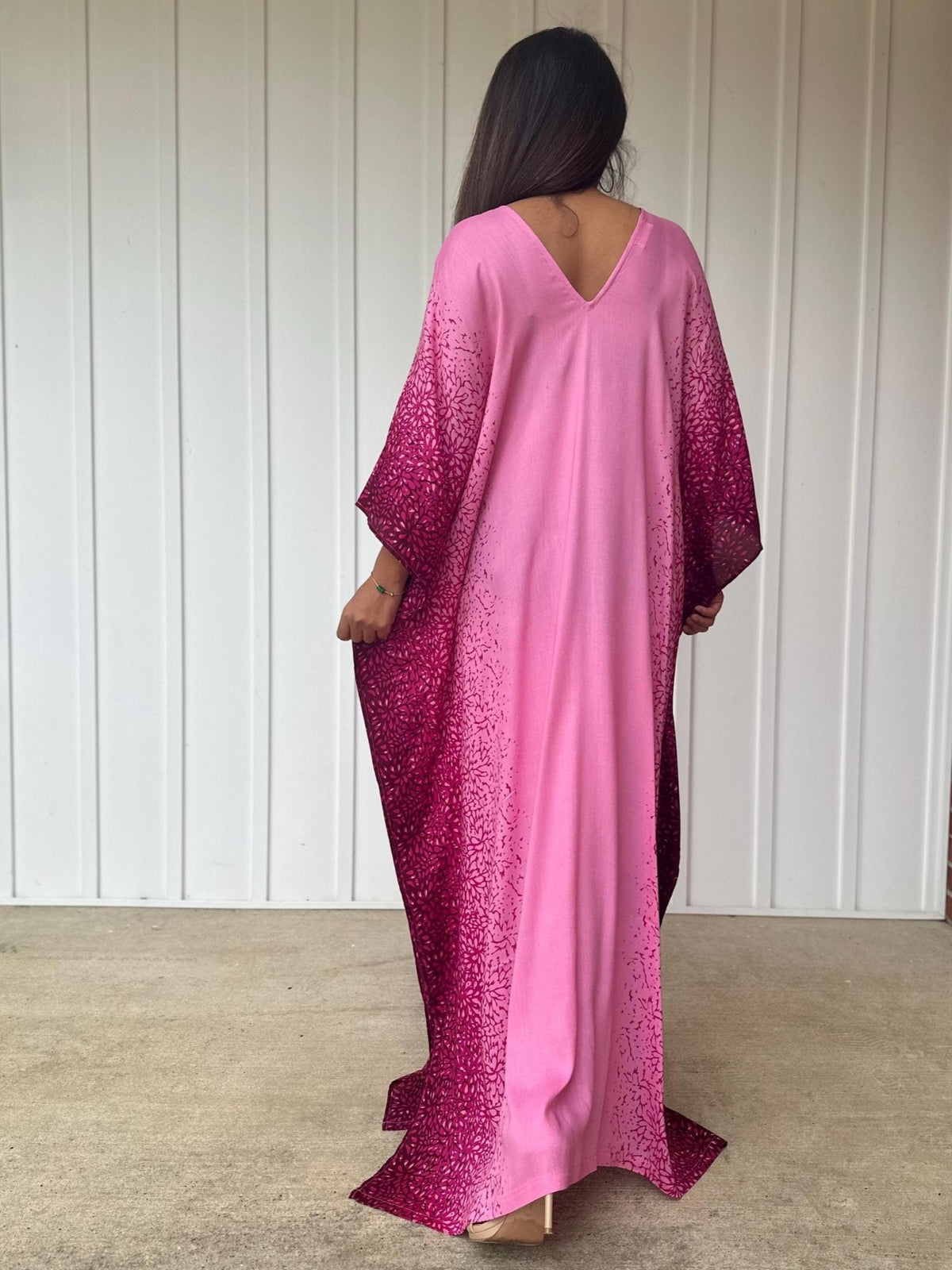 Luna Kaftan in Pink Floral Hand Screened Pattern-A-133-Mala Handworks