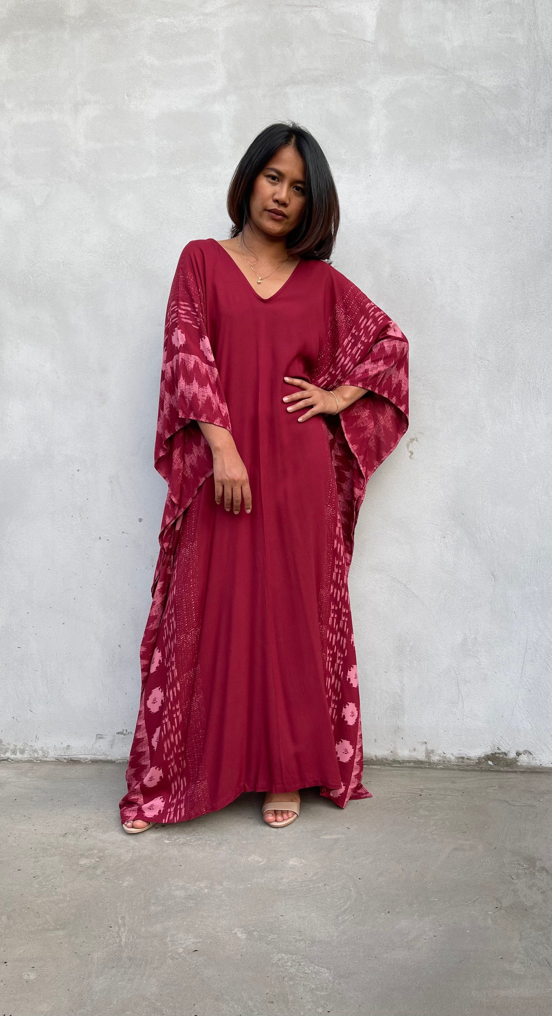 MALA handworks Luna Kaftan in Red and Pattern Silkscreen