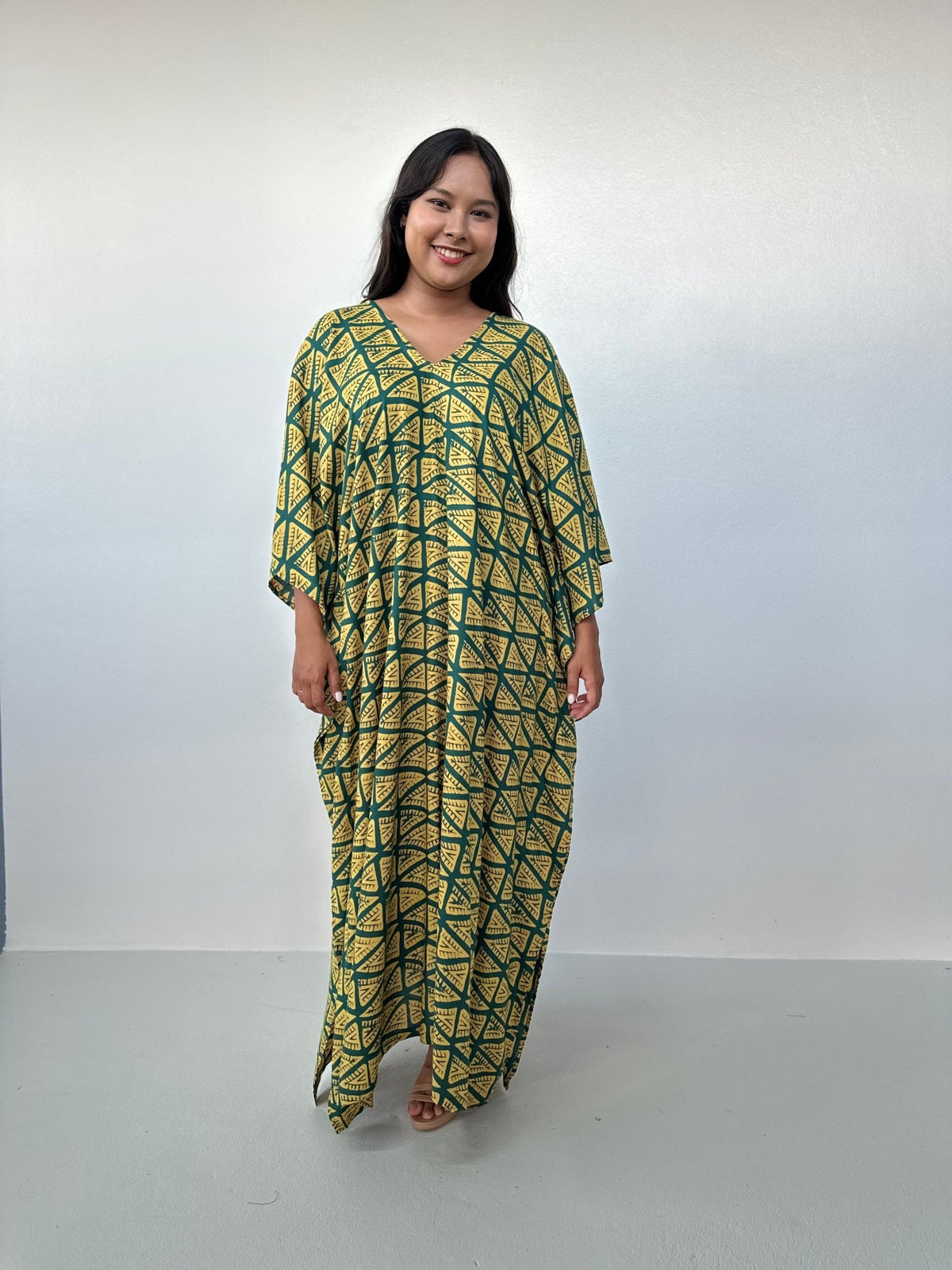 Mala Handworks Luna Kaftan in Yellow & Jade Geometric Pattern