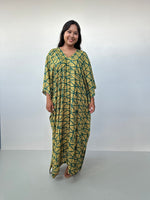 Mala Handworks Luna Kaftan in Yellow & Jade Geometric Pattern