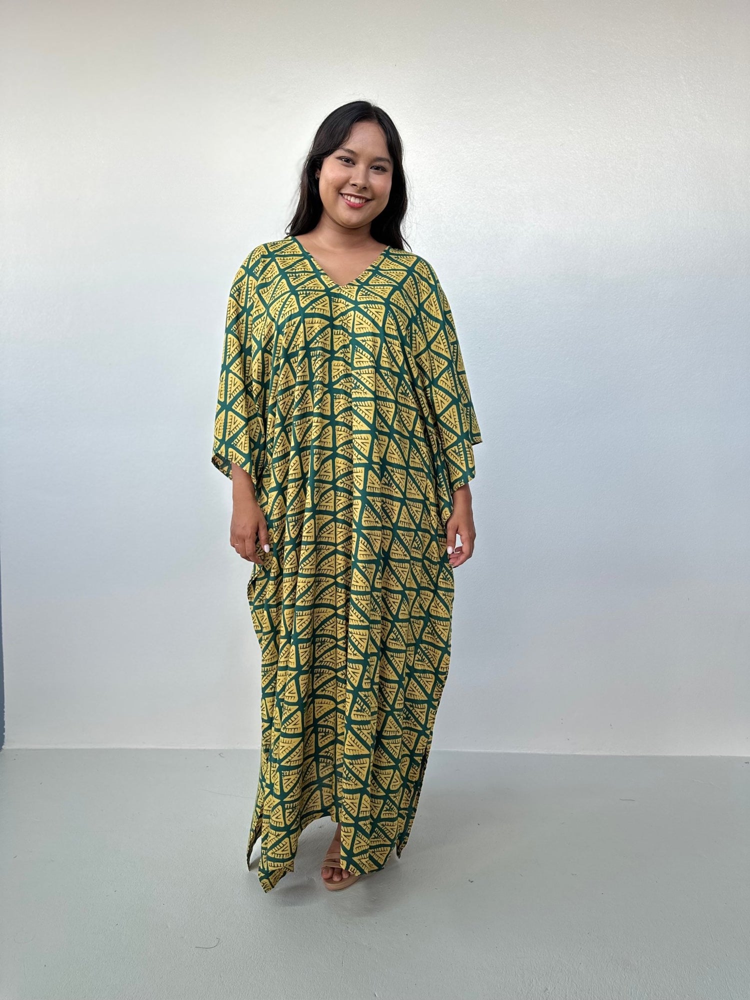 Mala Handworks Luna Kaftan in Yellow & Jade Geometric Pattern