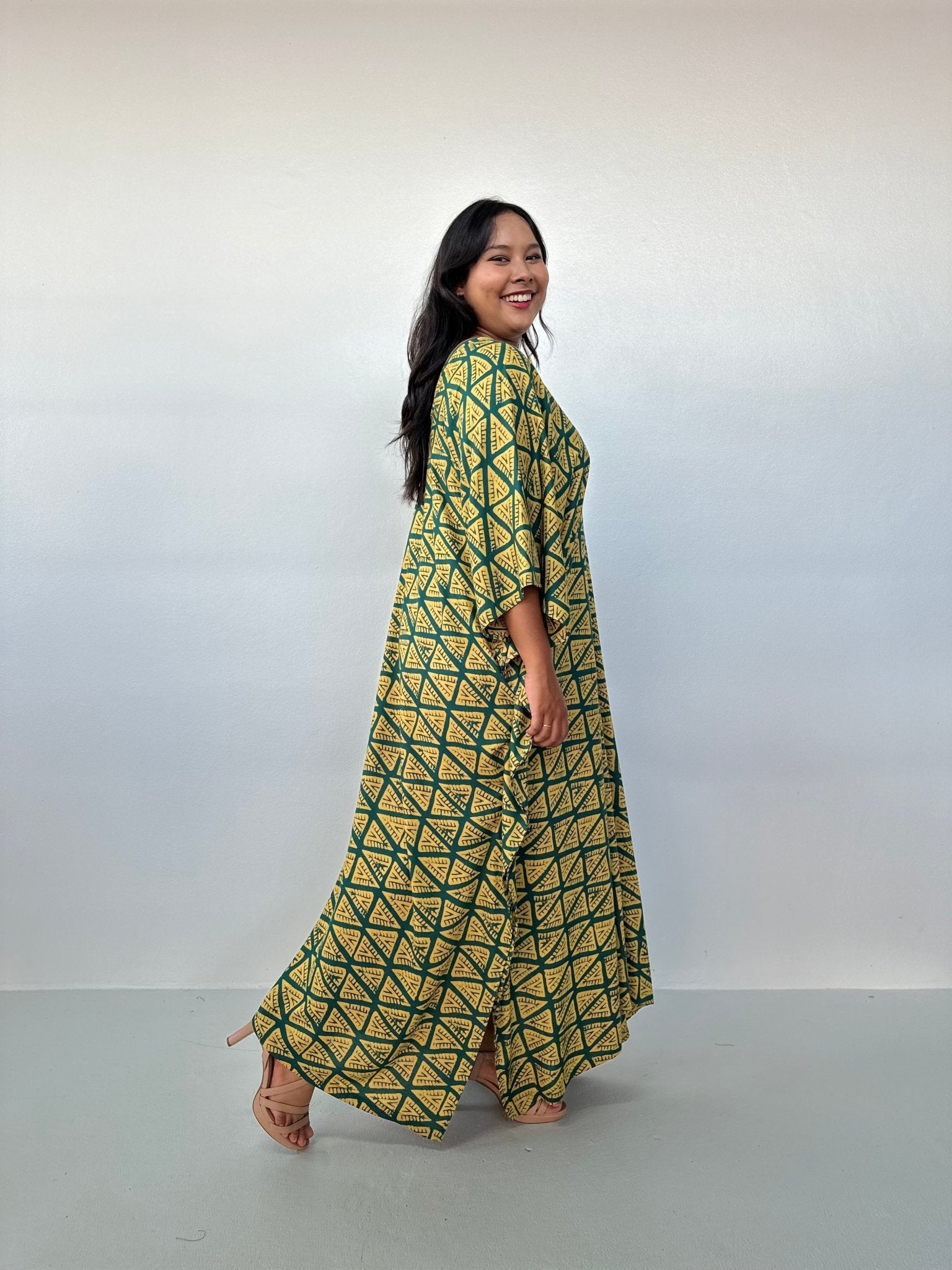Mala Handworks Luna Kaftan in Yellow & Jade Geometric Pattern