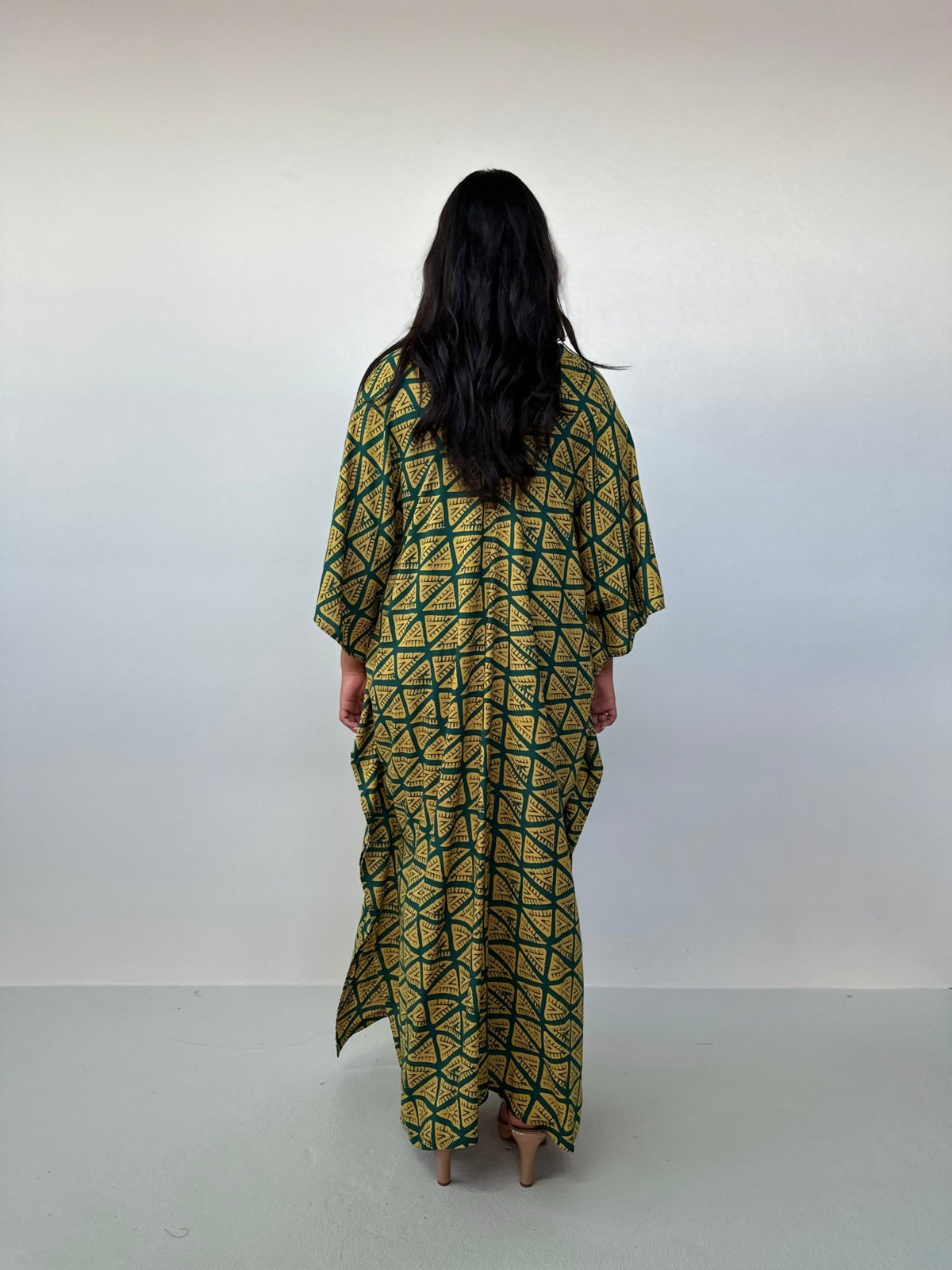 Mala Handworks Luna Kaftan in Yellow & Jade Geometric Pattern