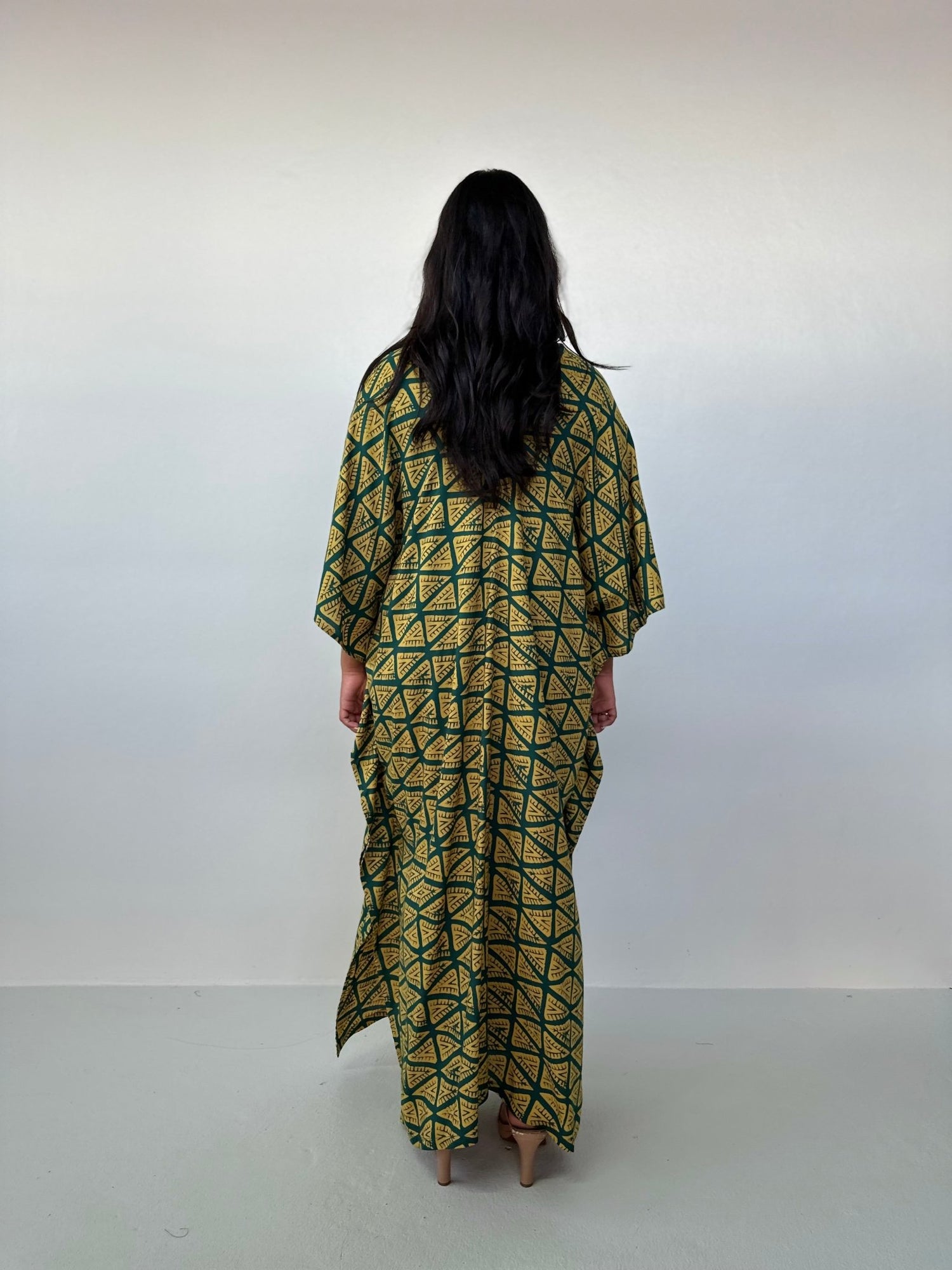 Mala Handworks Luna Kaftan in Yellow & Jade Geometric Pattern