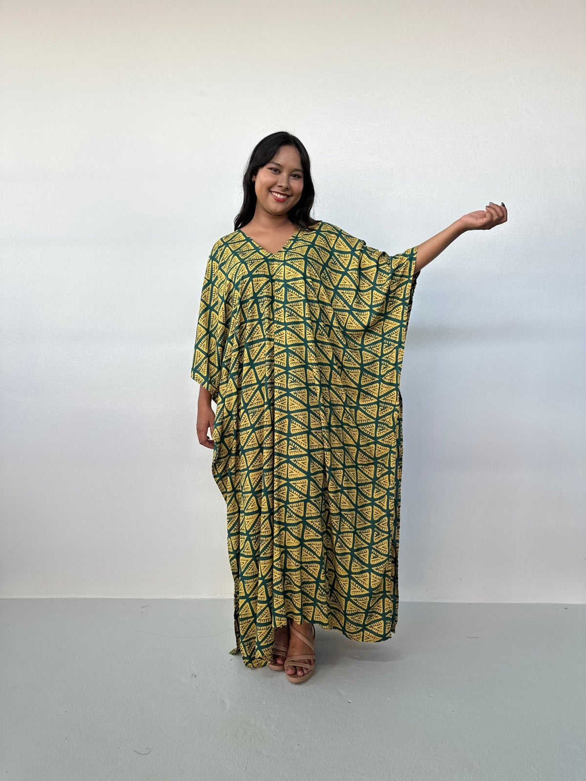 Mala Handworks Luna Kaftan in Yellow & Jade Geometric Pattern