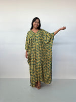 Mala Handworks Luna Kaftan in Yellow & Jade Geometric Pattern