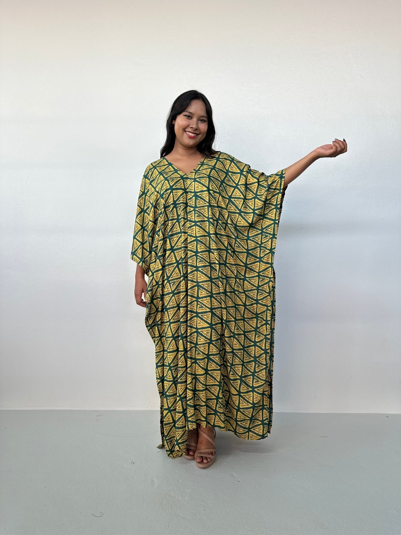 Mala Handworks Luna Kaftan in Yellow & Jade Geometric Pattern