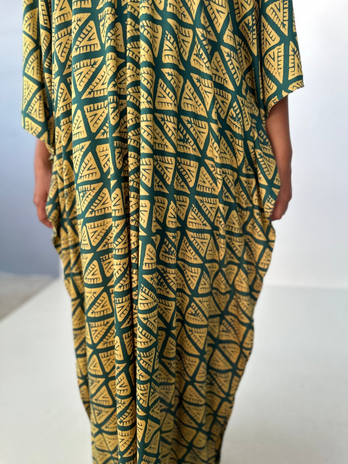 Mala Handworks Luna Kaftan in Yellow & Jade Geometric Pattern