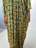 Mala Handworks Luna Kaftan in Yellow & Jade Geometric Pattern