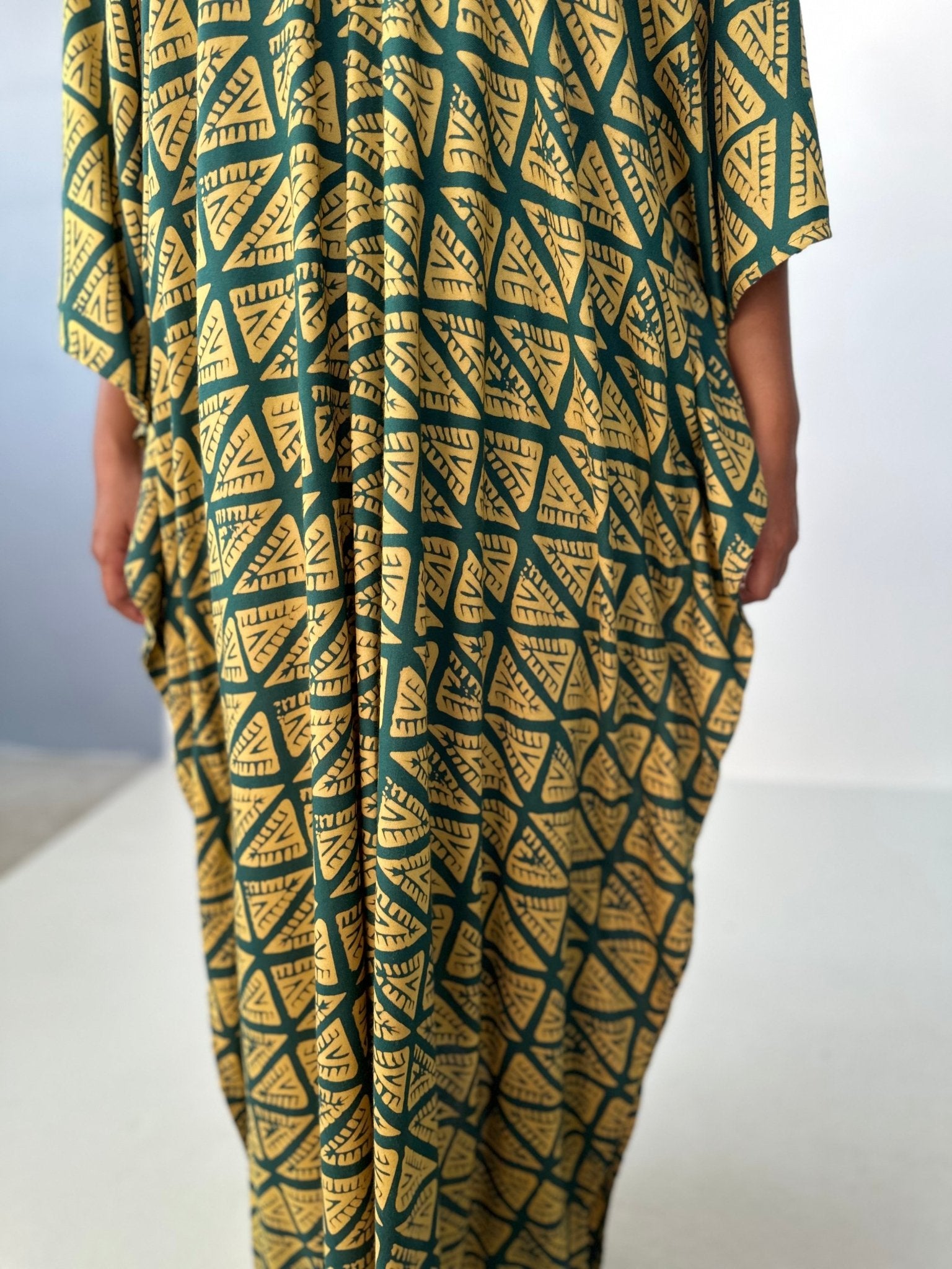 Mala Handworks Luna Kaftan in Yellow & Jade Geometric Pattern