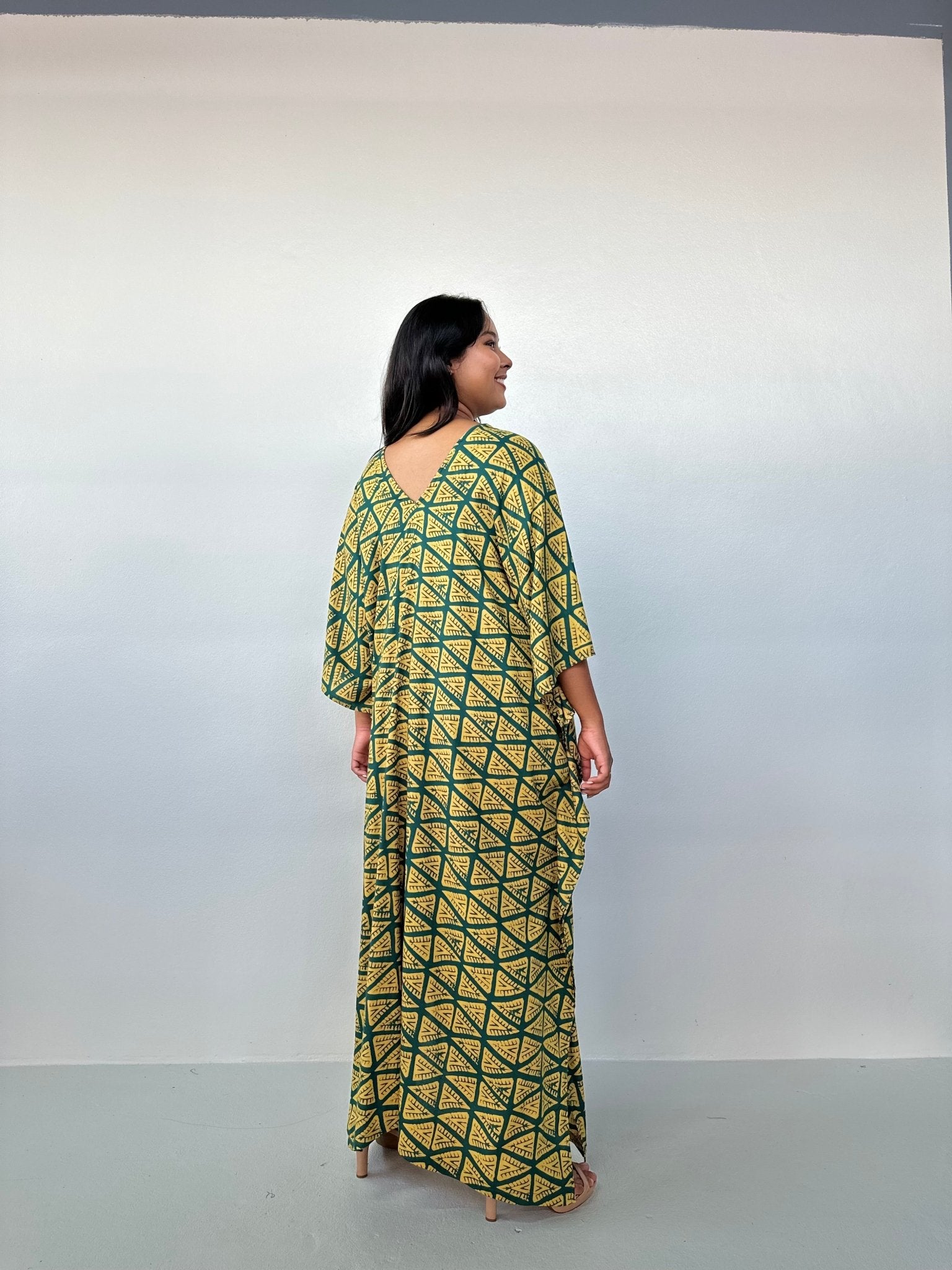 Mala Handworks Luna Kaftan in Yellow & Jade Geometric Pattern