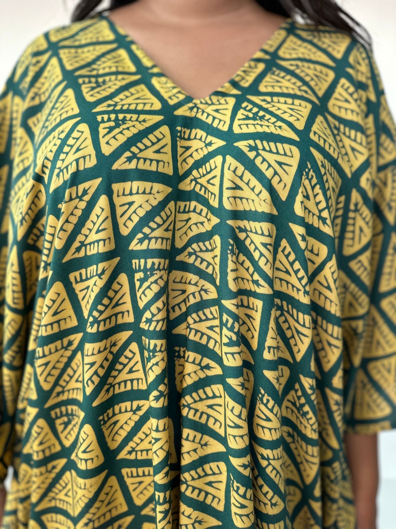 Mala Handworks Luna Kaftan in Yellow & Jade Geometric Pattern