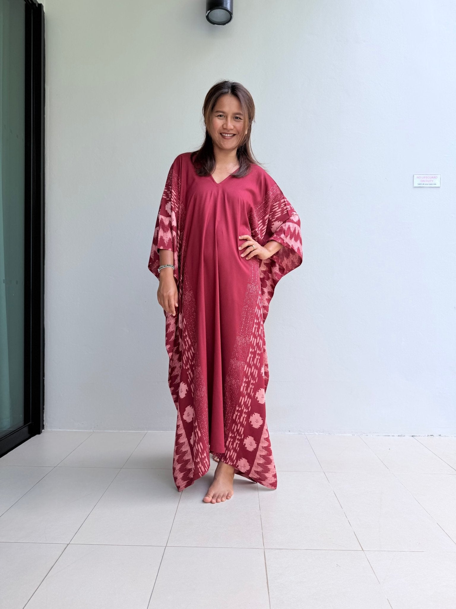 Luna Merlot with Hand Silkscreened Pattern Kaftan - Mala Handworks