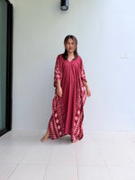 Luna Merlot with Hand Silkscreened Pattern Kaftan - Mala Handworks