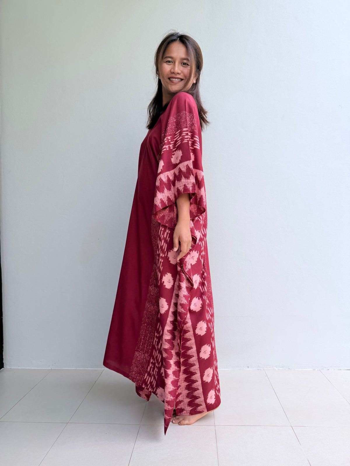 Luna Merlot with Hand Silkscreened Pattern Kaftan - Mala Handworks