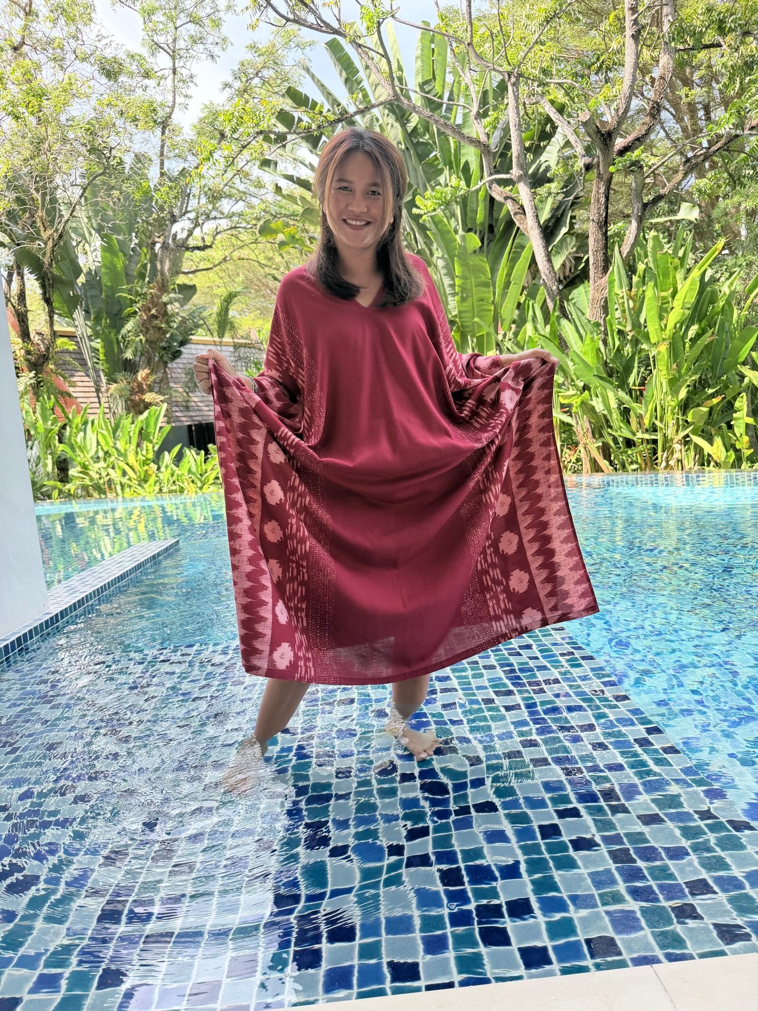 Luna Merlot with Hand Silkscreened Pattern Kaftan - Mala Handworks