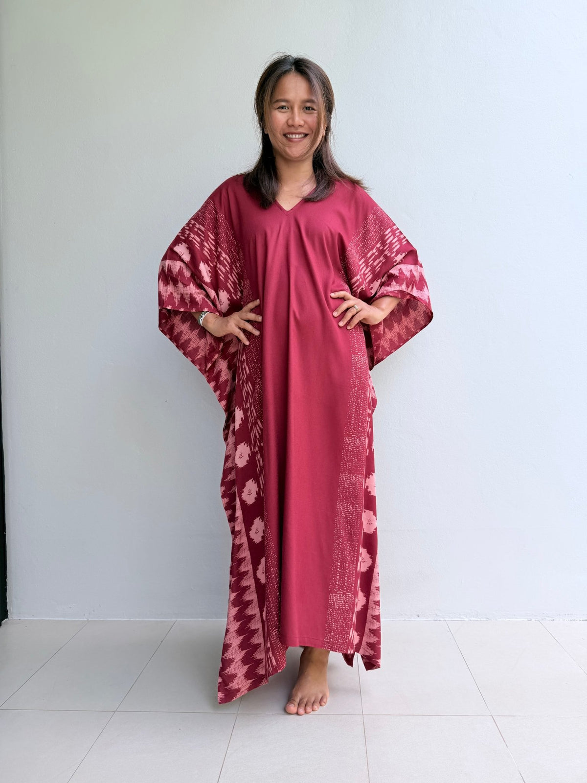 Luna Merlot with Hand Silkscreened Pattern Kaftan - Mala Handworks