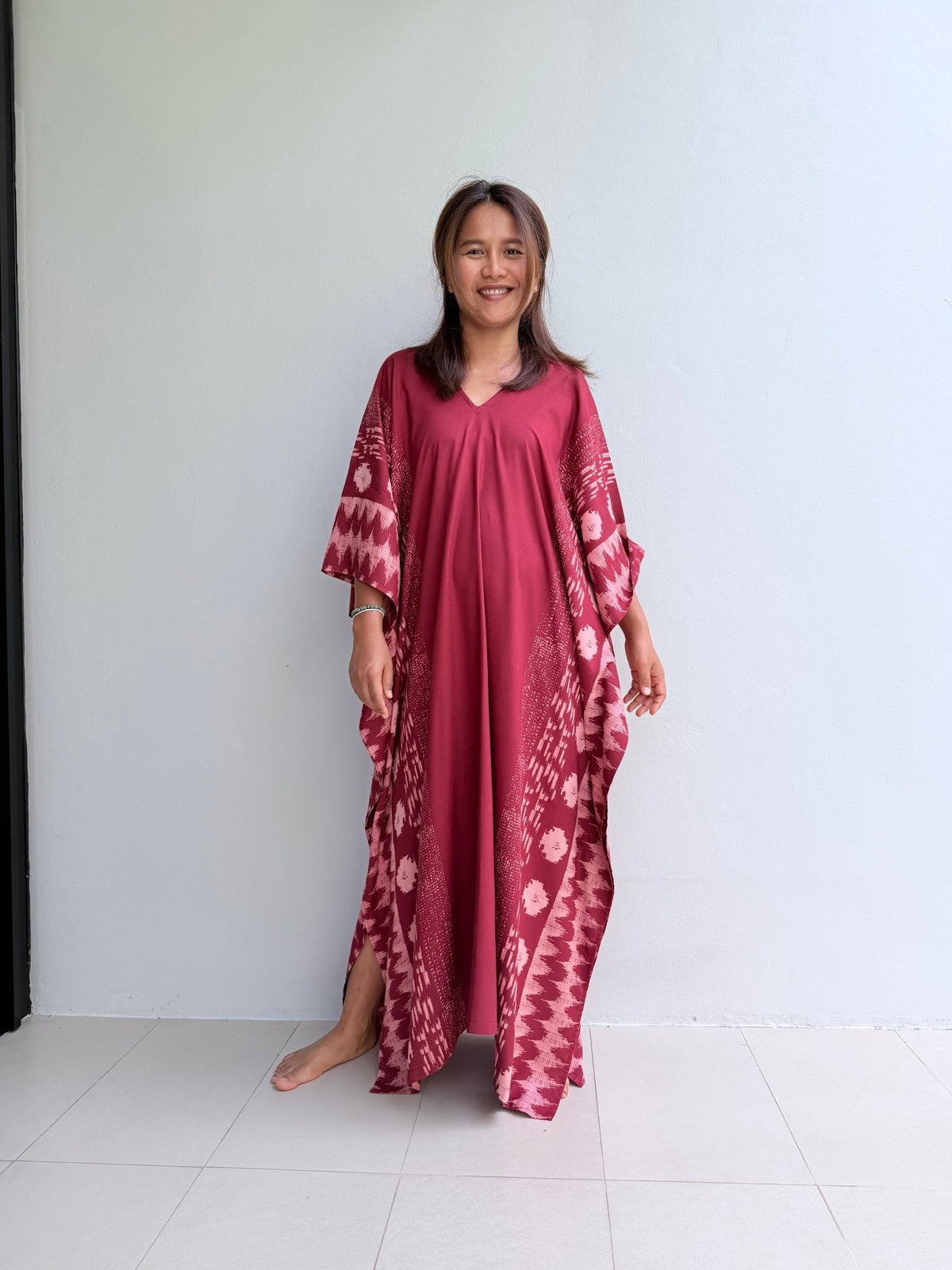 Luna Merlot with Hand Silkscreened Pattern Kaftan - Mala Handworks