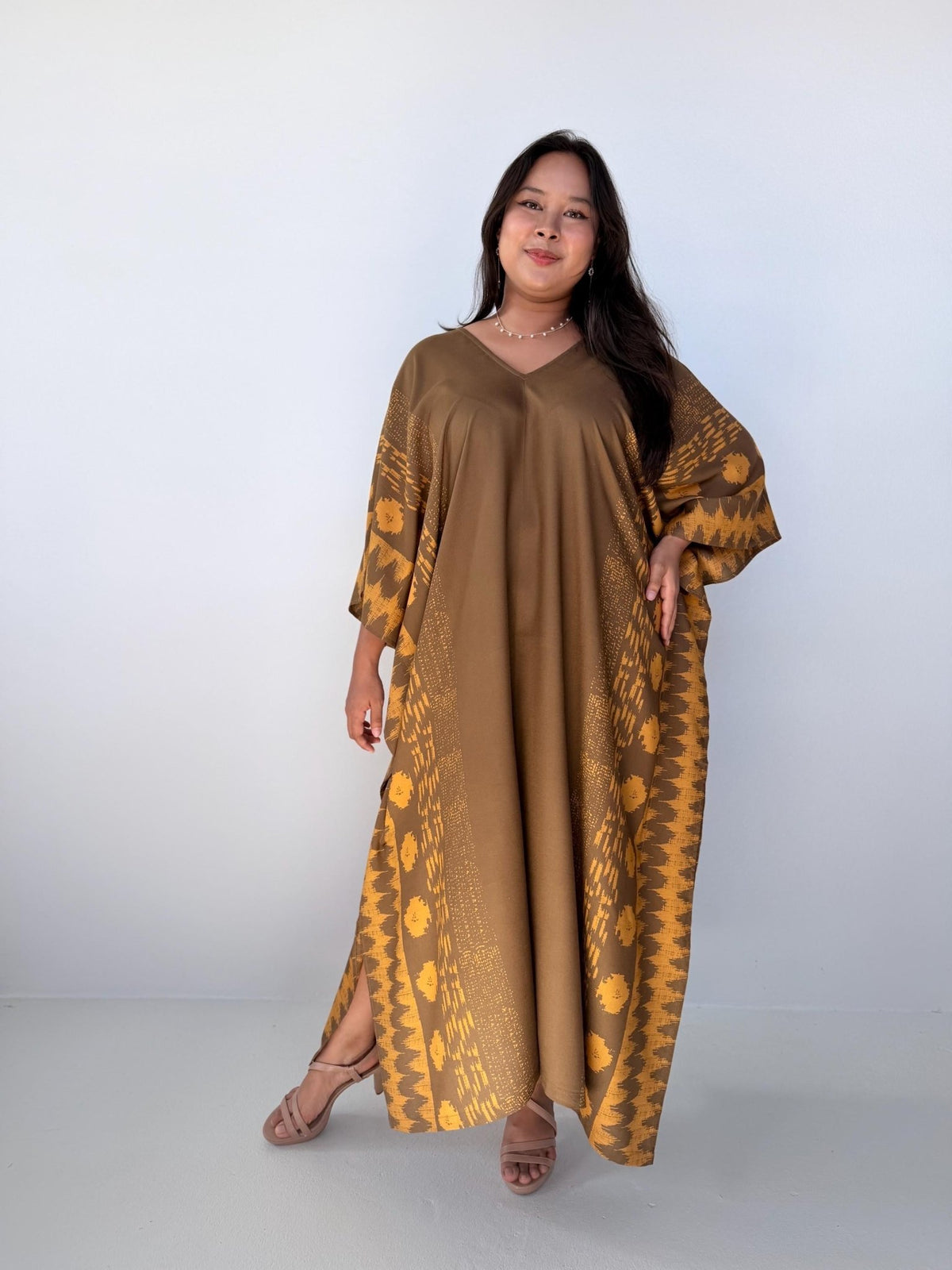 Luna Tessera Kaftan in Olive-A-206-40-Mala Handworks