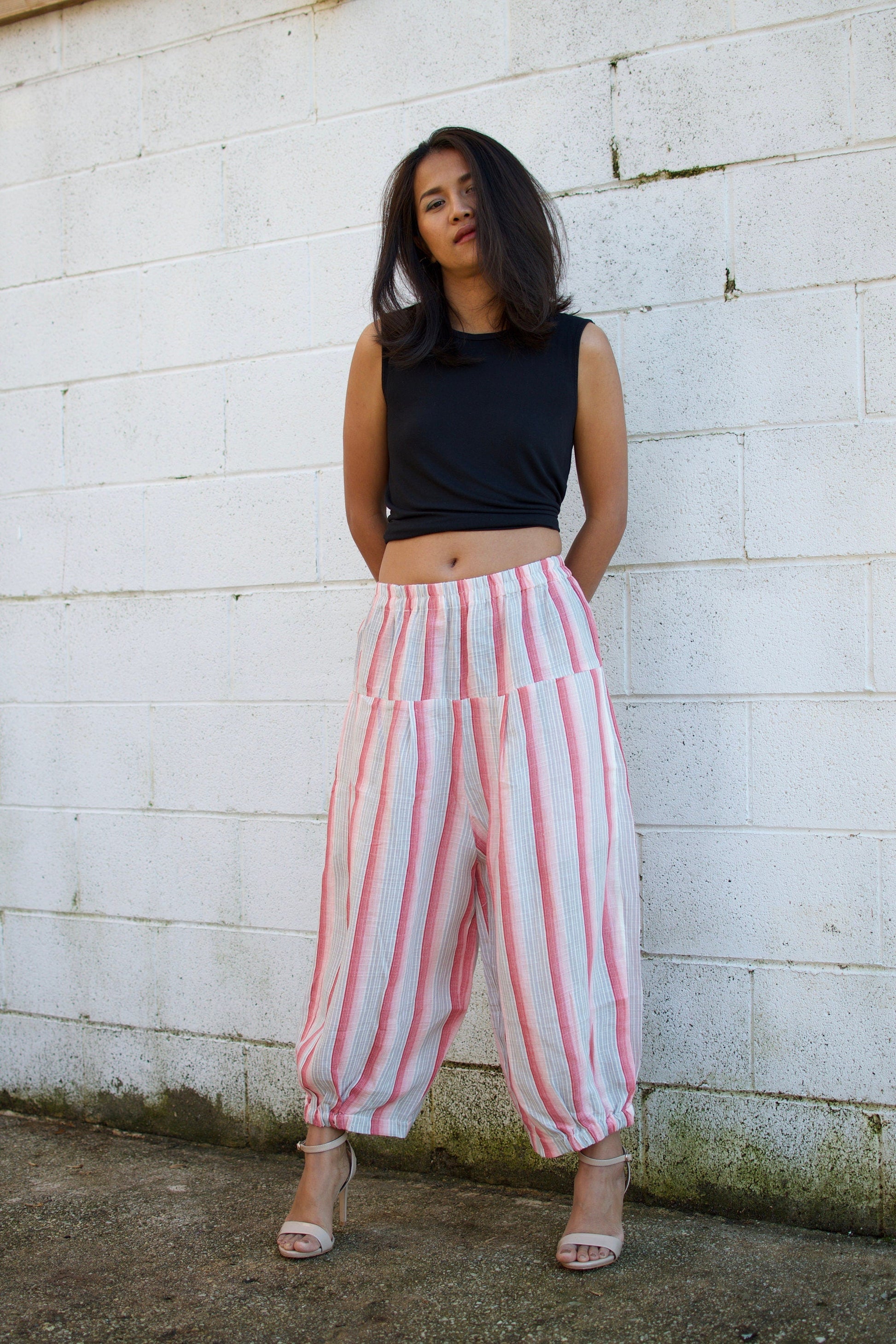 MALA handworks  Lyla Linen pants in White and Pink Stripe