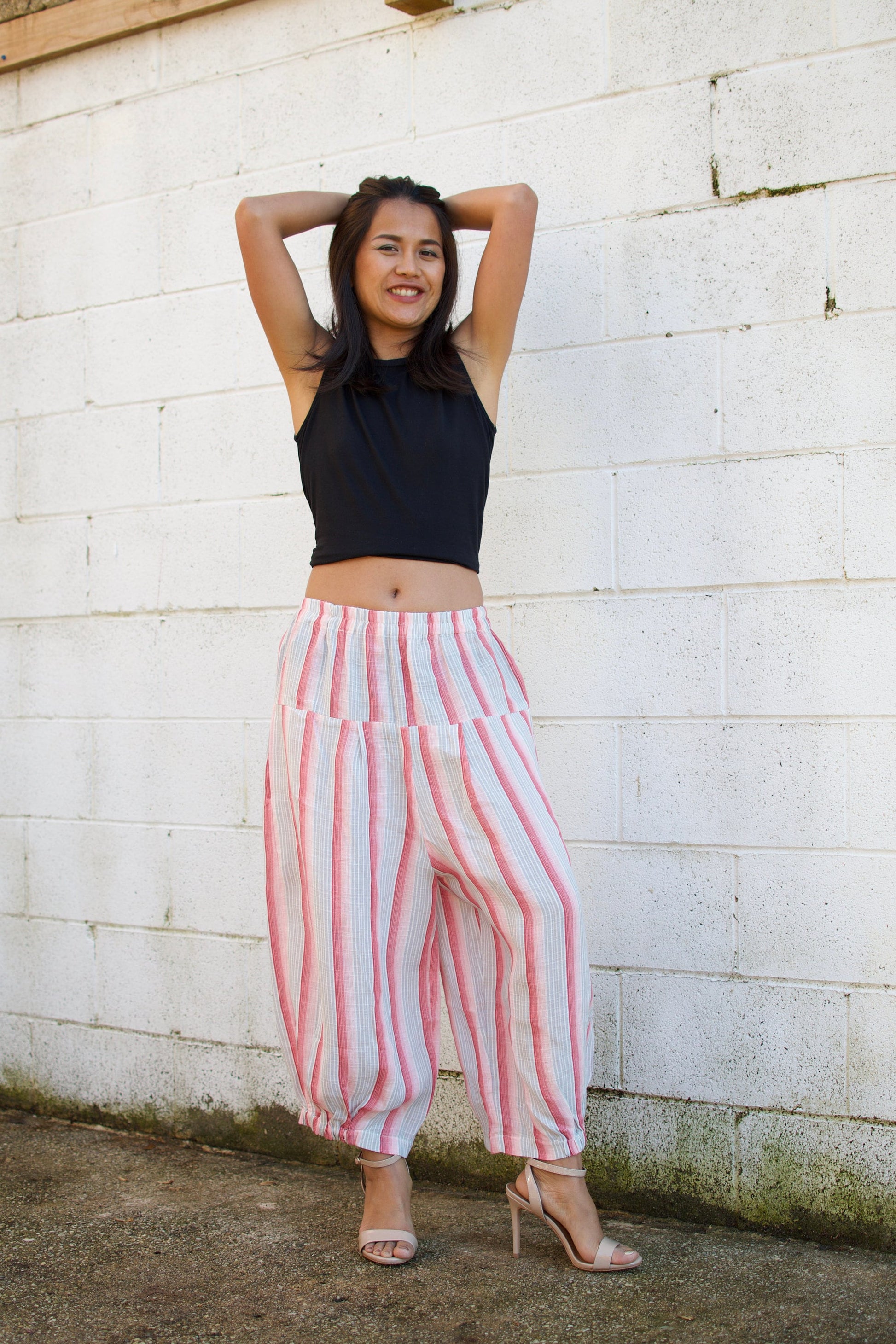 MALA handworks  Lyla Linen pants in White and Pink Stripe