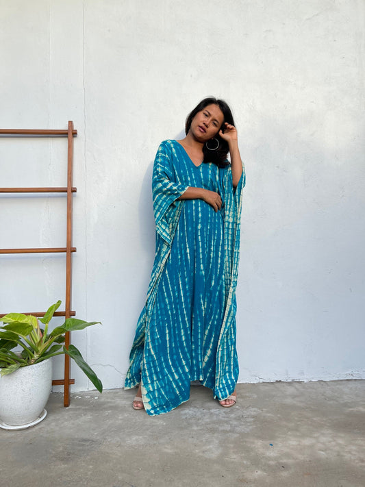 MALA handworks  Mala Kaftan in Teal Aqua and off White Tie Dye