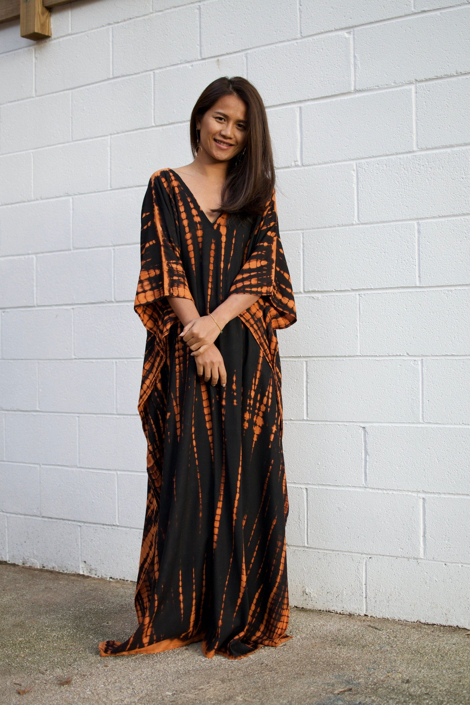 Mala Kaftan in Black with Dark Orange Tie Dye