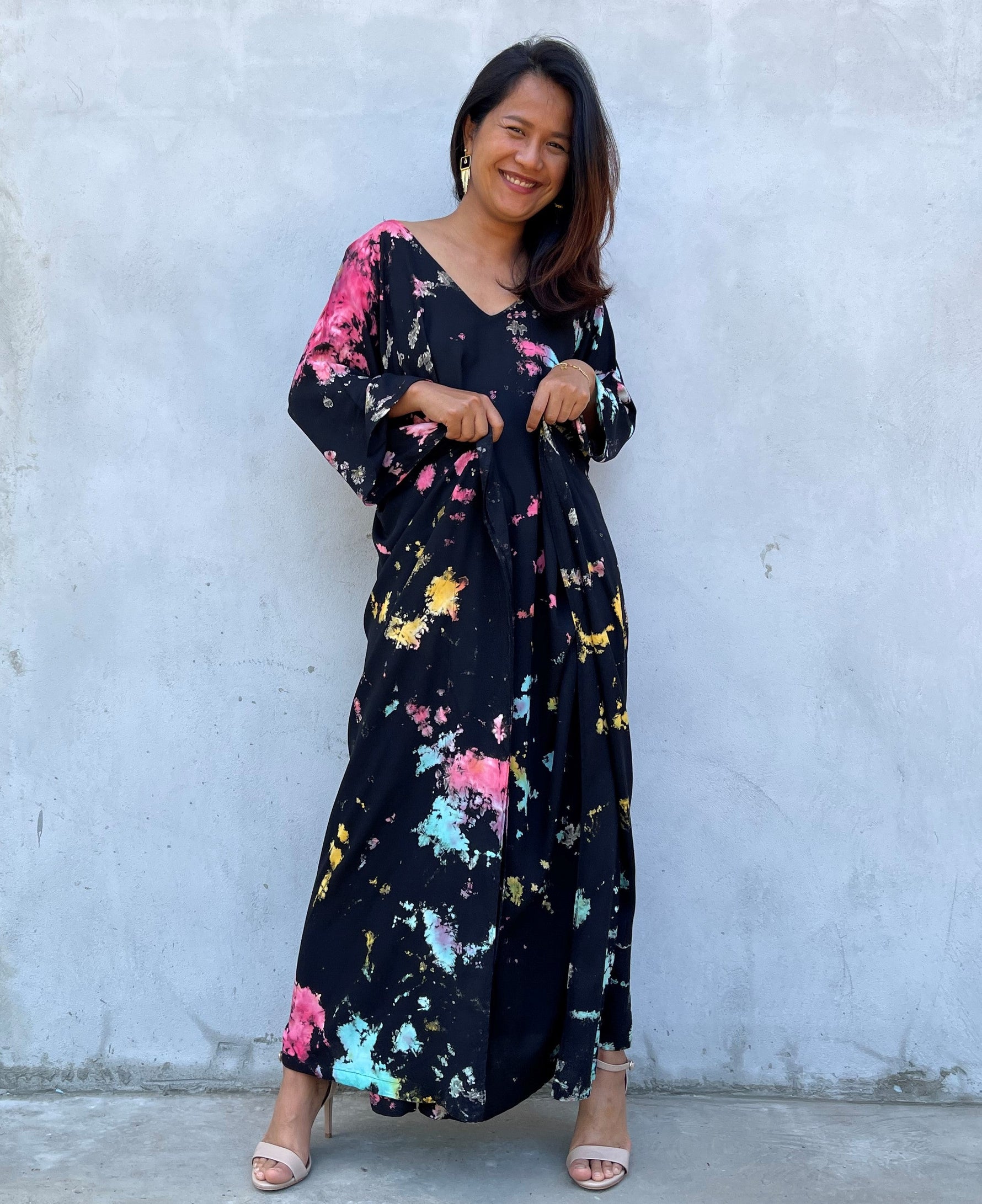 MALA handworks Mala Kaftan in Black and Rainbow Tie Dye