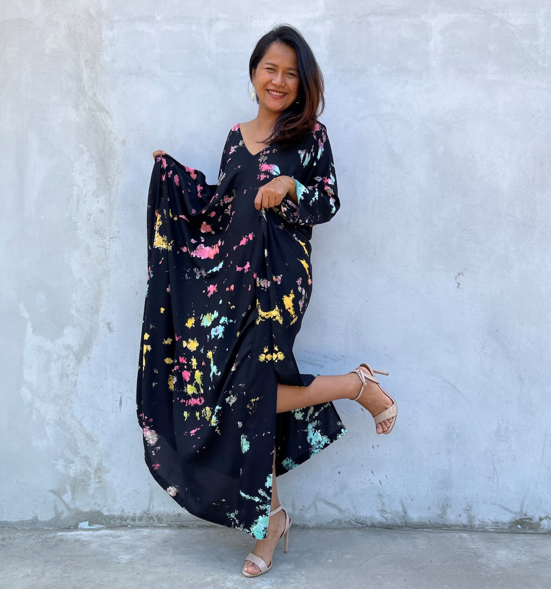 MALA handworks Mala Kaftan in Black and Rainbow Tie Dye