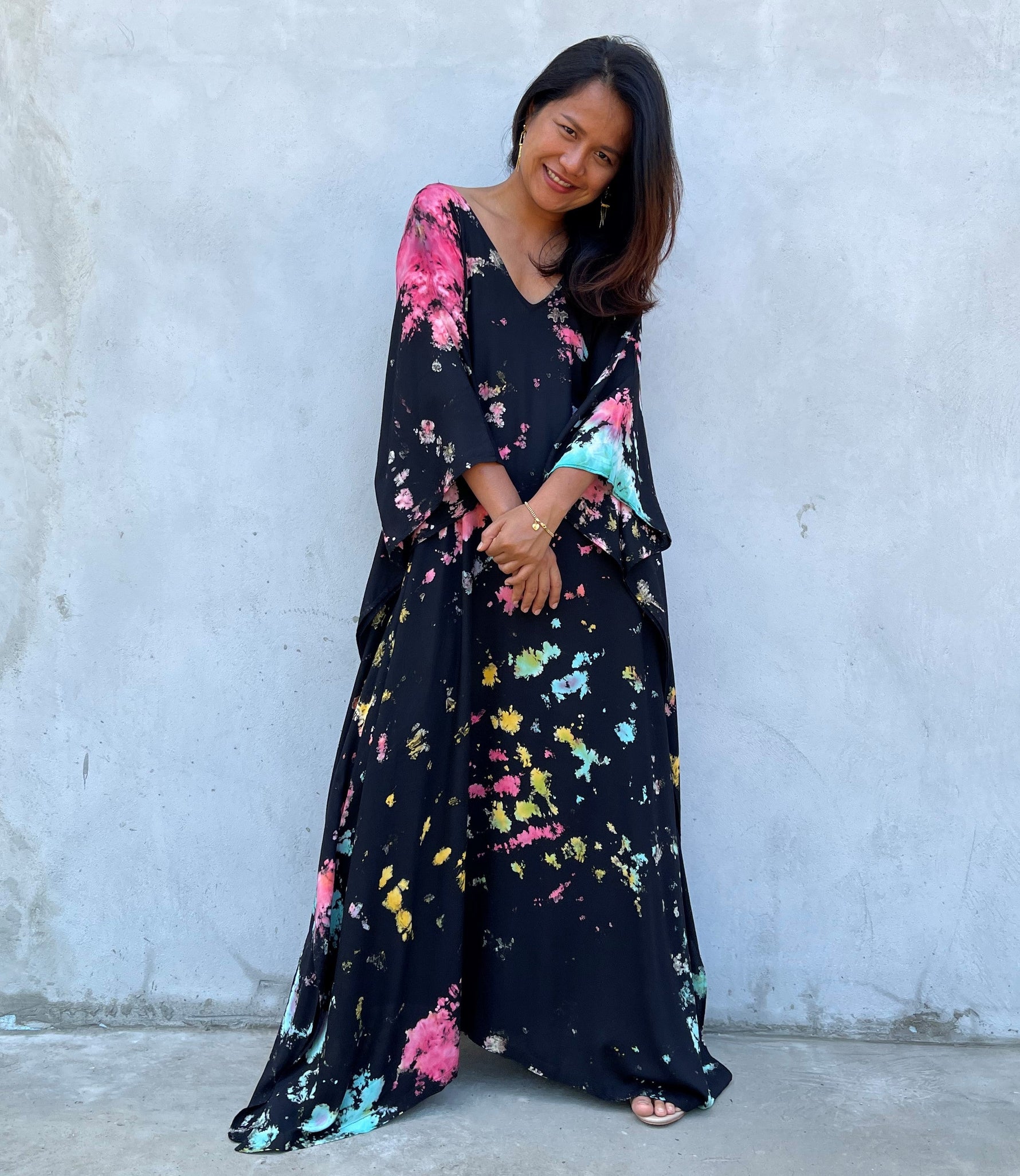 MALA handworks Mala Kaftan in Black and Rainbow Tie Dye